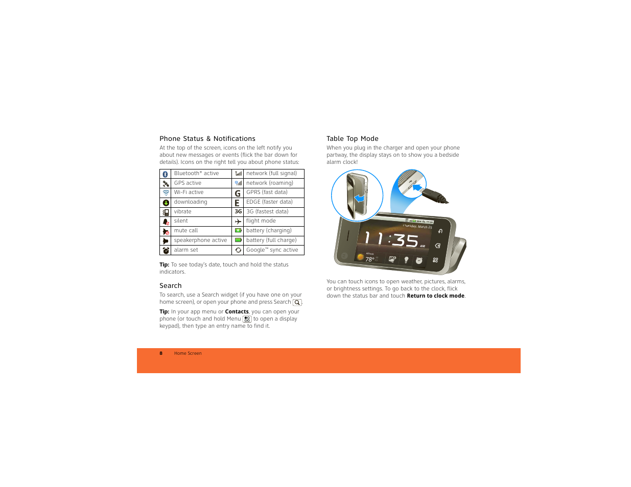 Phone status & notifications, Search, Table top mode | Motorola BACKFLIP 68014710001-A User Manual | Page 10 / 67