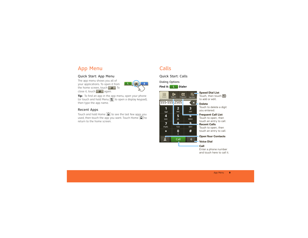 App menu, Quick start: app menu, Recent apps | Calls, Quick start: calls | Motorola BACKFLIP 68014710001-A User Manual | Page 11 / 67