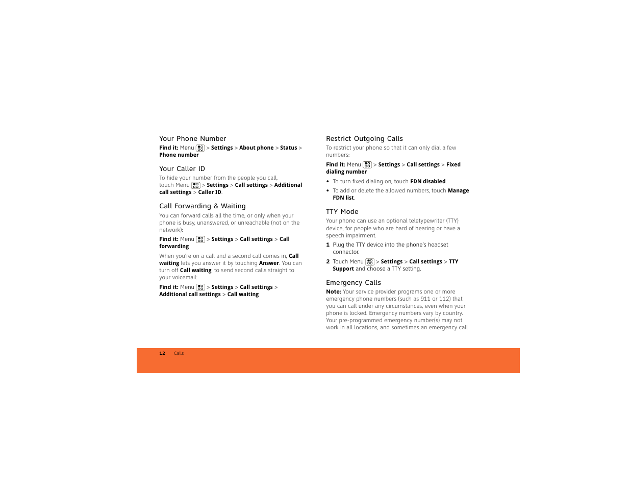 Your phone number, Your caller id, Call forwarding & waiting | Restrict outgoing calls, Tty mode, Emergency calls | Motorola BACKFLIP 68014710001-A User Manual | Page 14 / 67