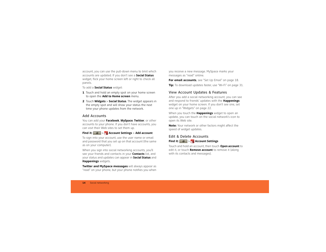 Add accounts, View account updates & features, Edit & delete accounts | Motorola BACKFLIP 68014710001-A User Manual | Page 16 / 67