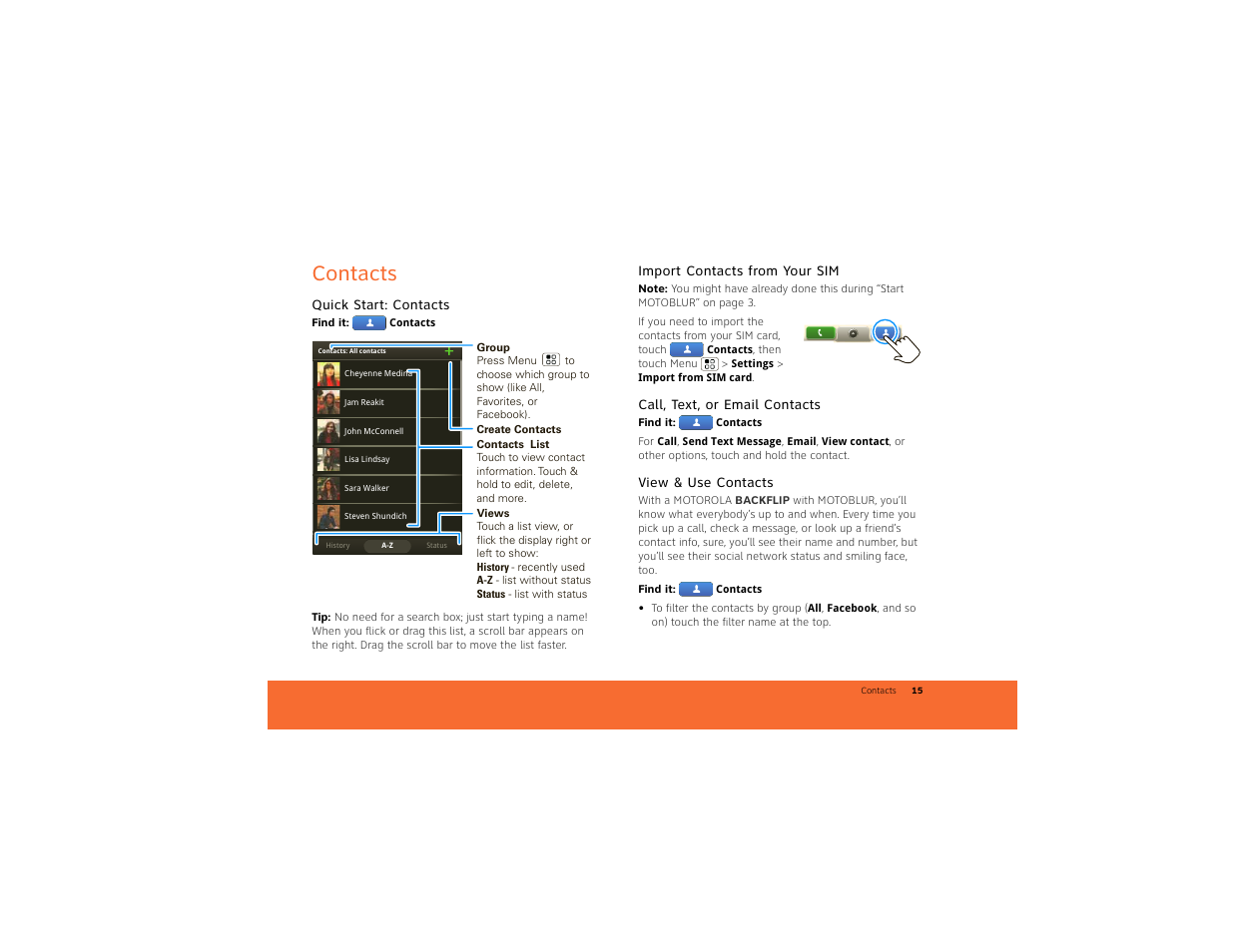 Contacts, Quick start: contacts, Import contacts from your sim | Call, text, or email contacts, View & use contacts | Motorola BACKFLIP 68014710001-A User Manual | Page 17 / 67