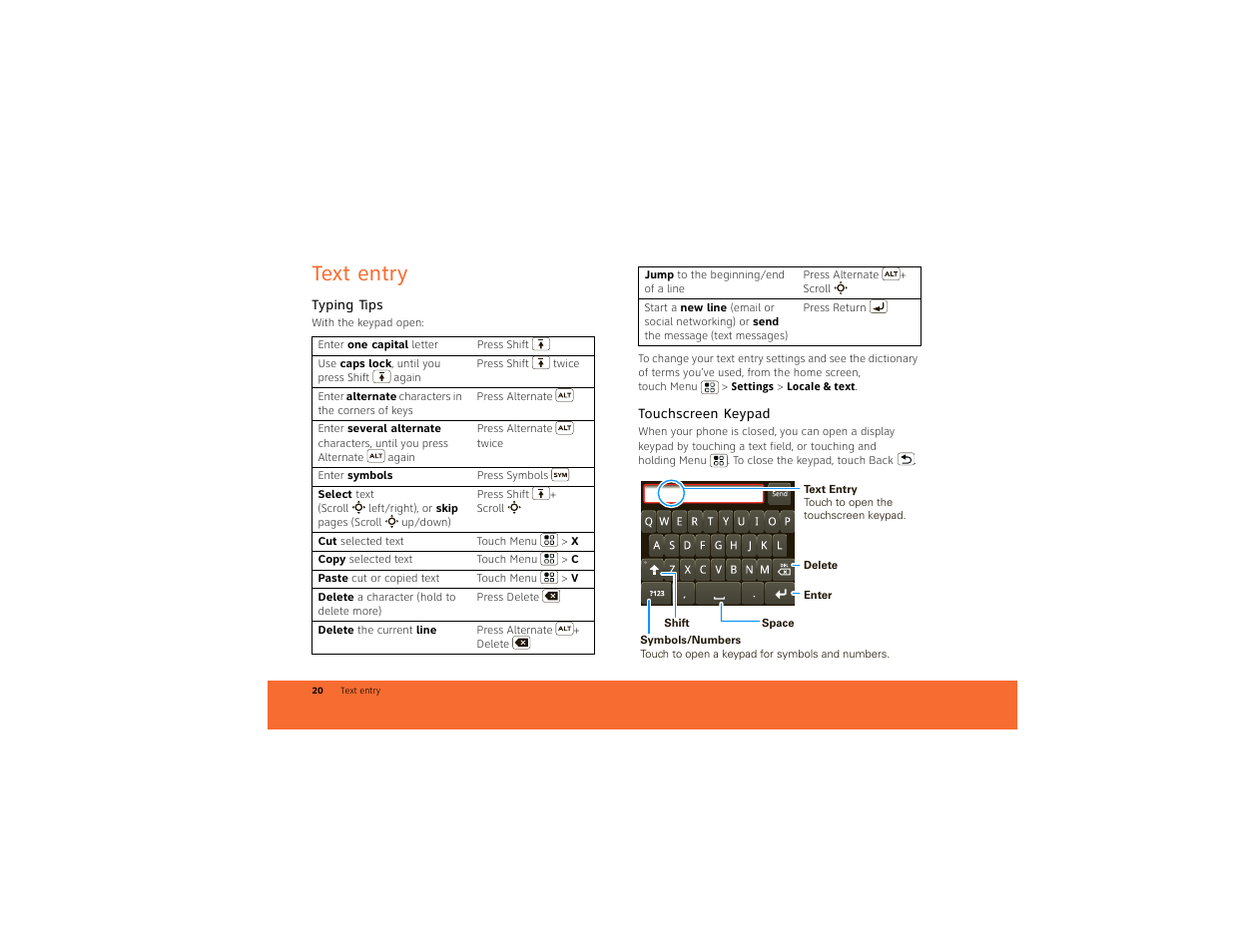 Text entry, Typing tips, Touchscreen keypad | Motorola BACKFLIP 68014710001-A User Manual | Page 22 / 67