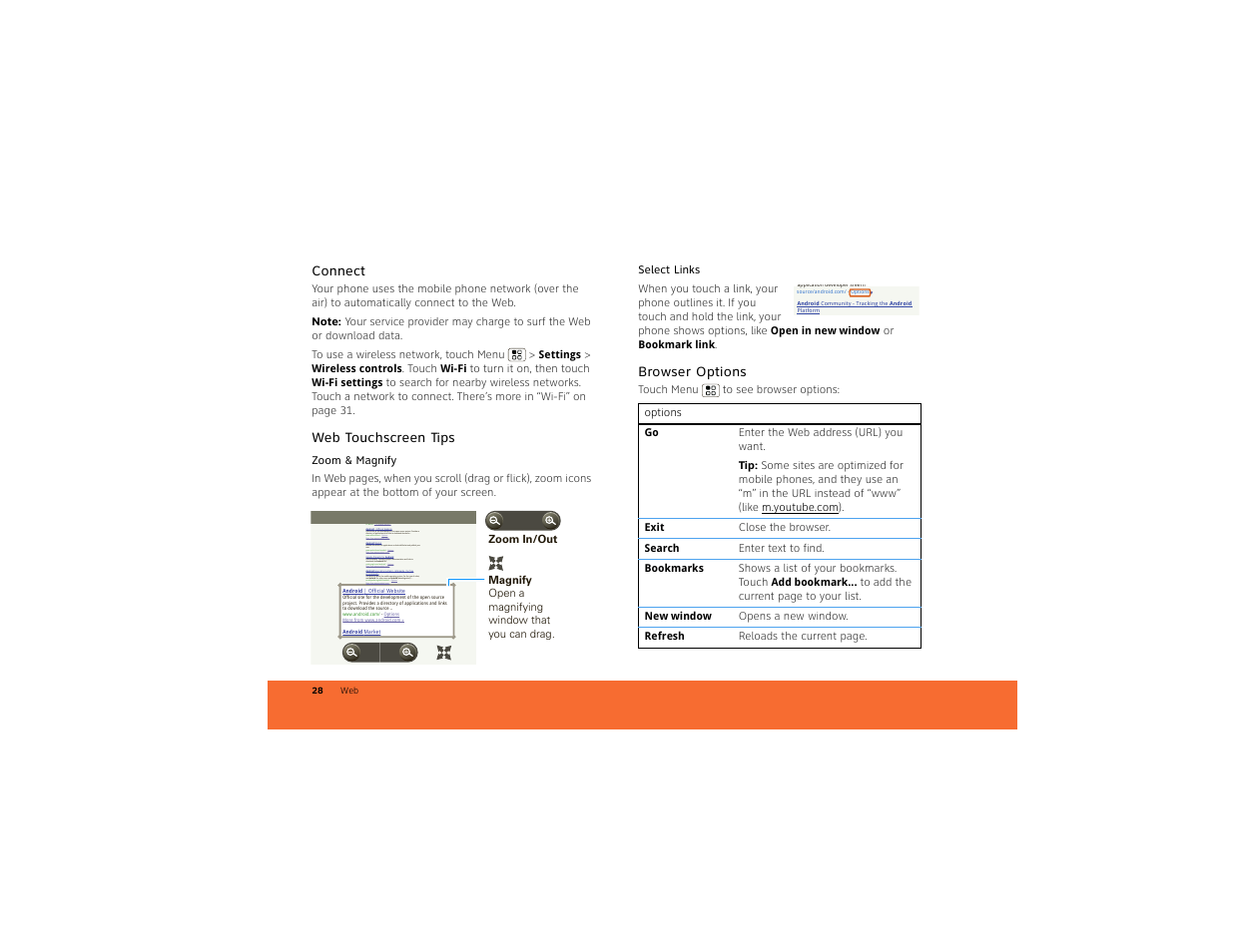 Connect, Web touchscreen tips, Browser options | Motorola BACKFLIP 68014710001-A User Manual | Page 30 / 67