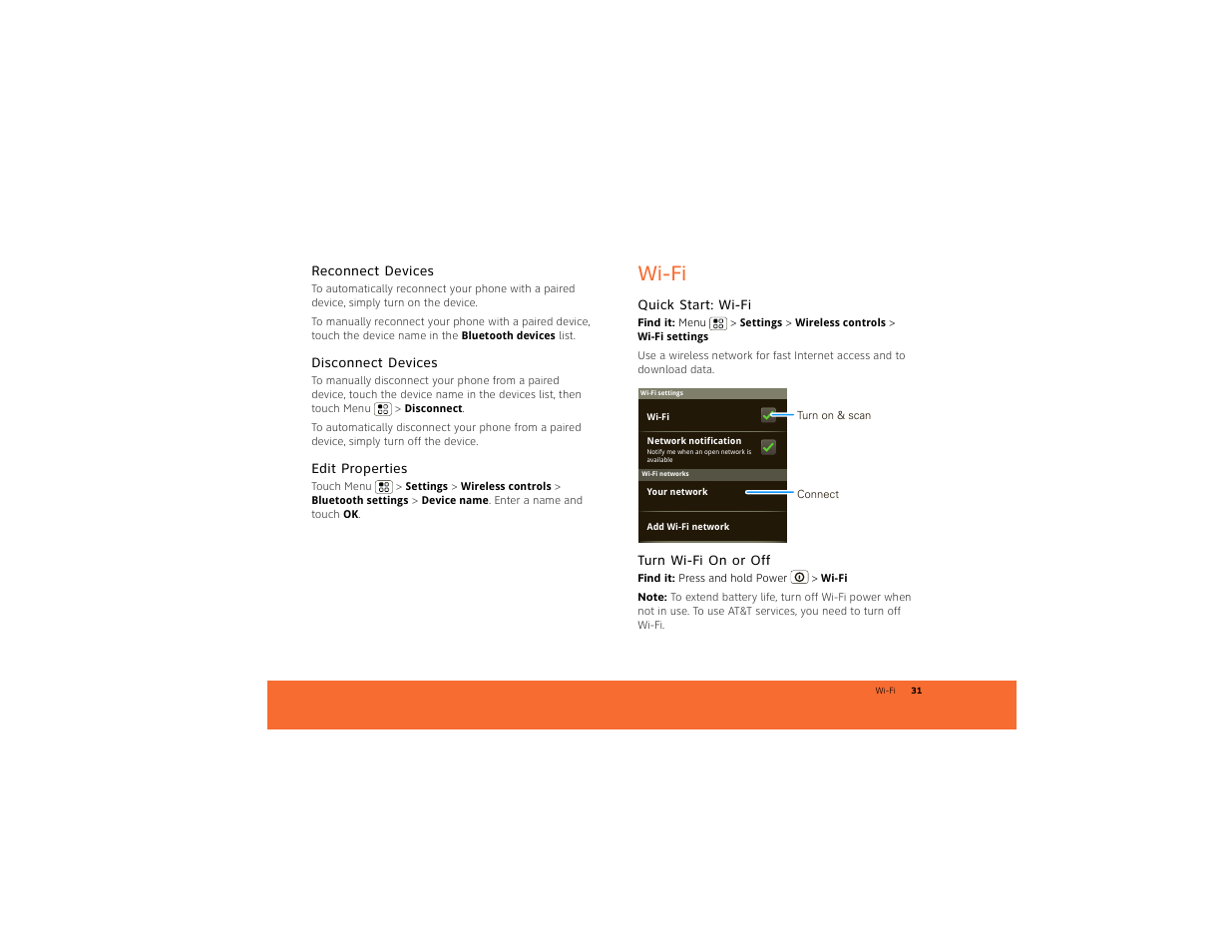 Reconnect devices, Disconnect devices, Edit properties | Wi-fi, Quick start: wi-fi, Turn wi-fi on or off | Motorola BACKFLIP 68014710001-A User Manual | Page 33 / 67