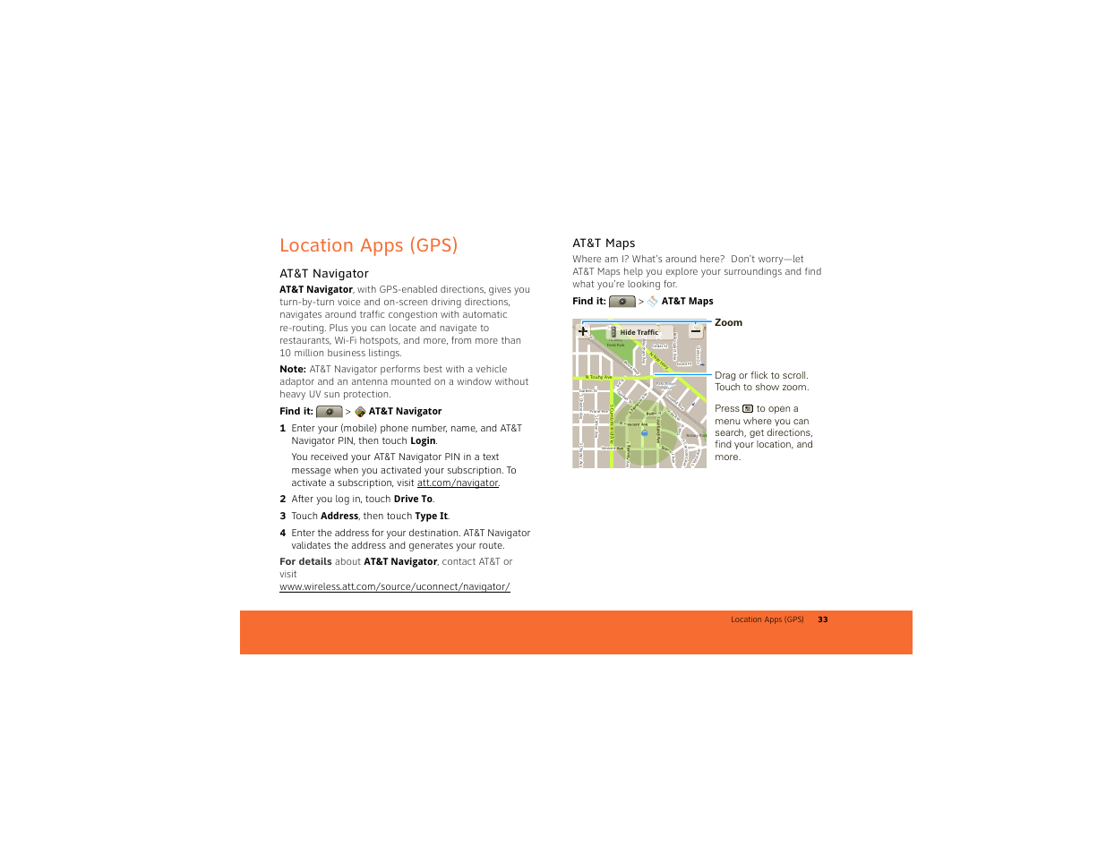 Location apps (gps), At&t navigator, At&t maps | Motorola BACKFLIP 68014710001-A User Manual | Page 35 / 67