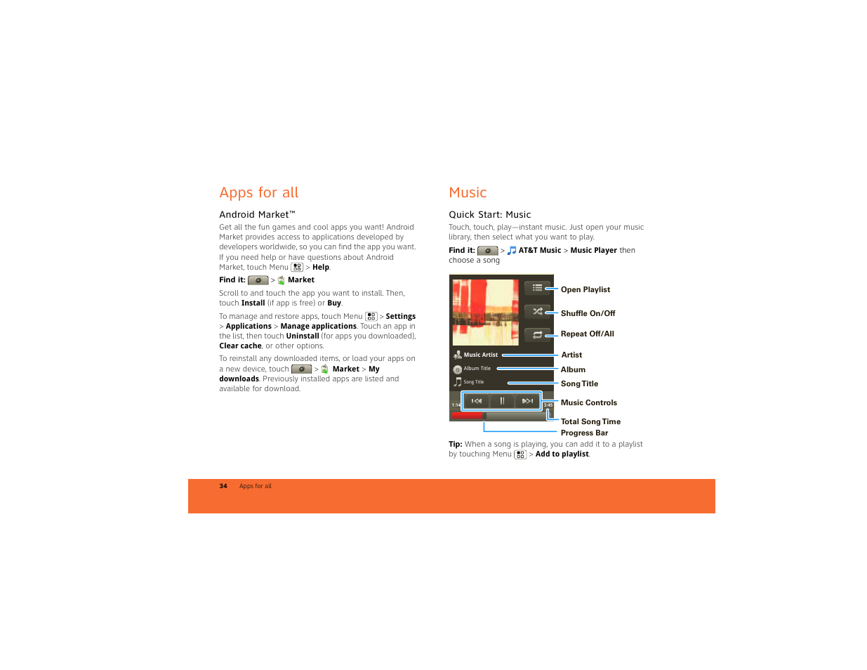 Apps for all, Android market, Music | Quick start: music | Motorola BACKFLIP 68014710001-A User Manual | Page 36 / 67