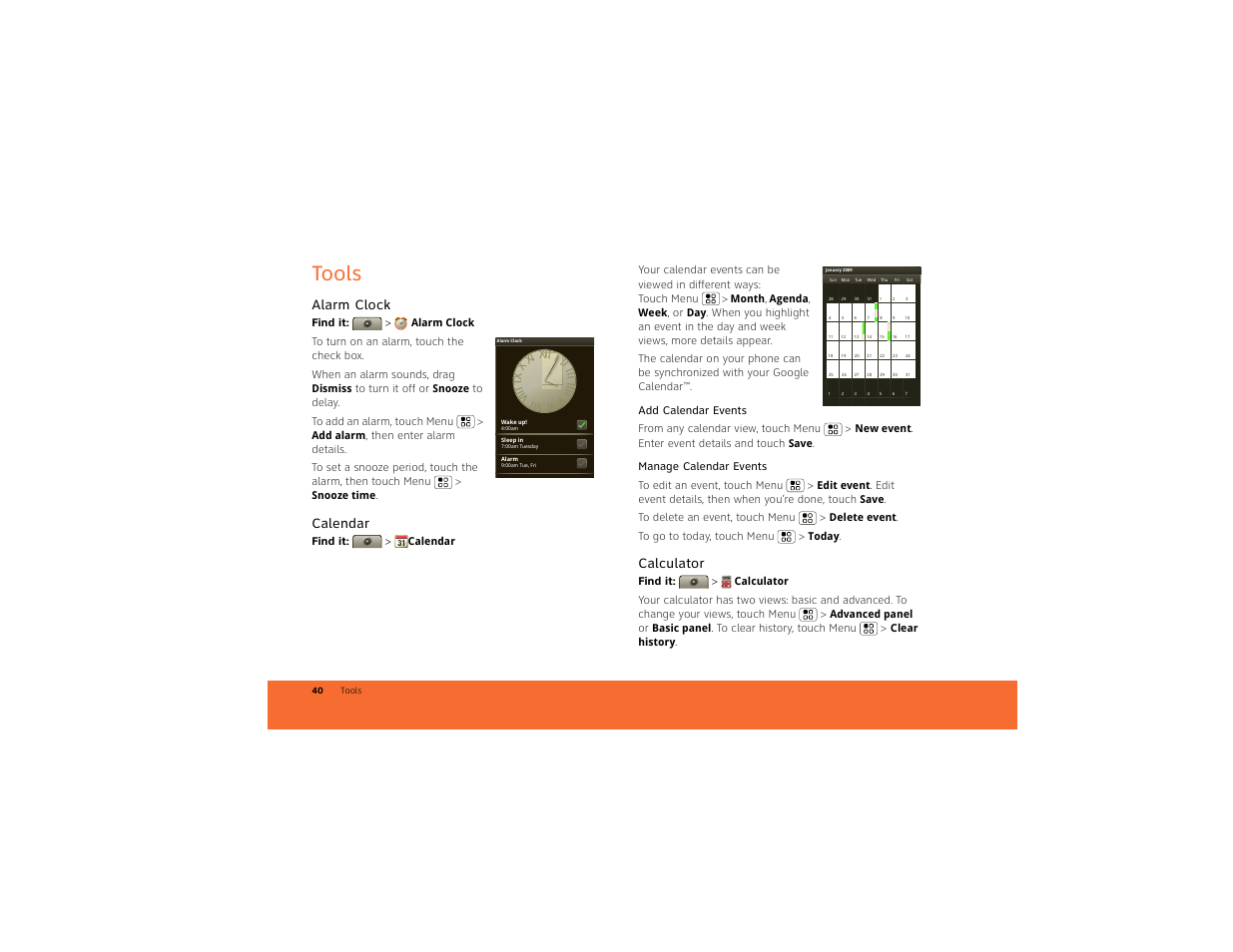 Tools, Alarm clock, Calendar | Calculator | Motorola BACKFLIP 68014710001-A User Manual | Page 42 / 67