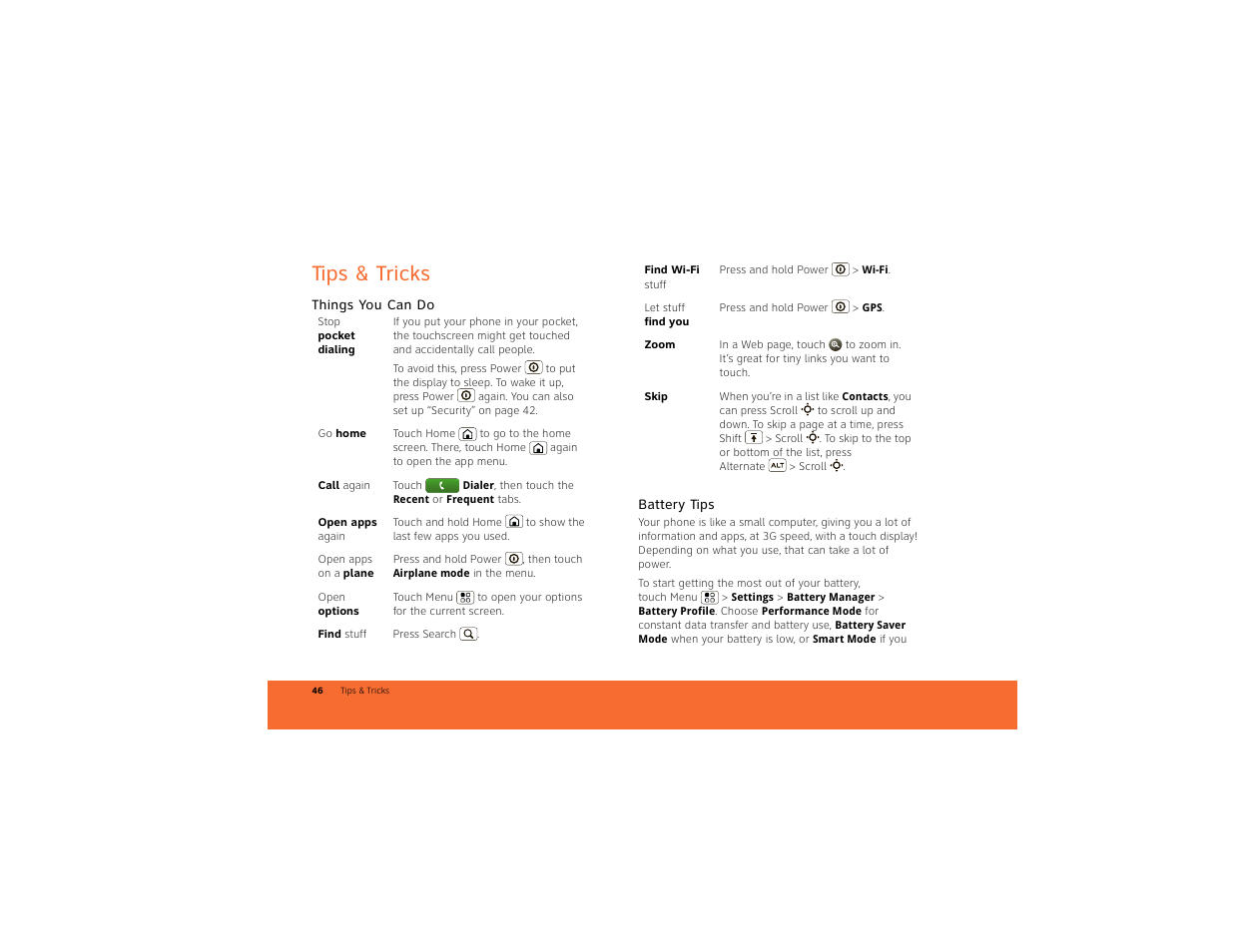 Tips & tricks, Things you can do, Battery tips | Motorola BACKFLIP 68014710001-A User Manual | Page 48 / 67