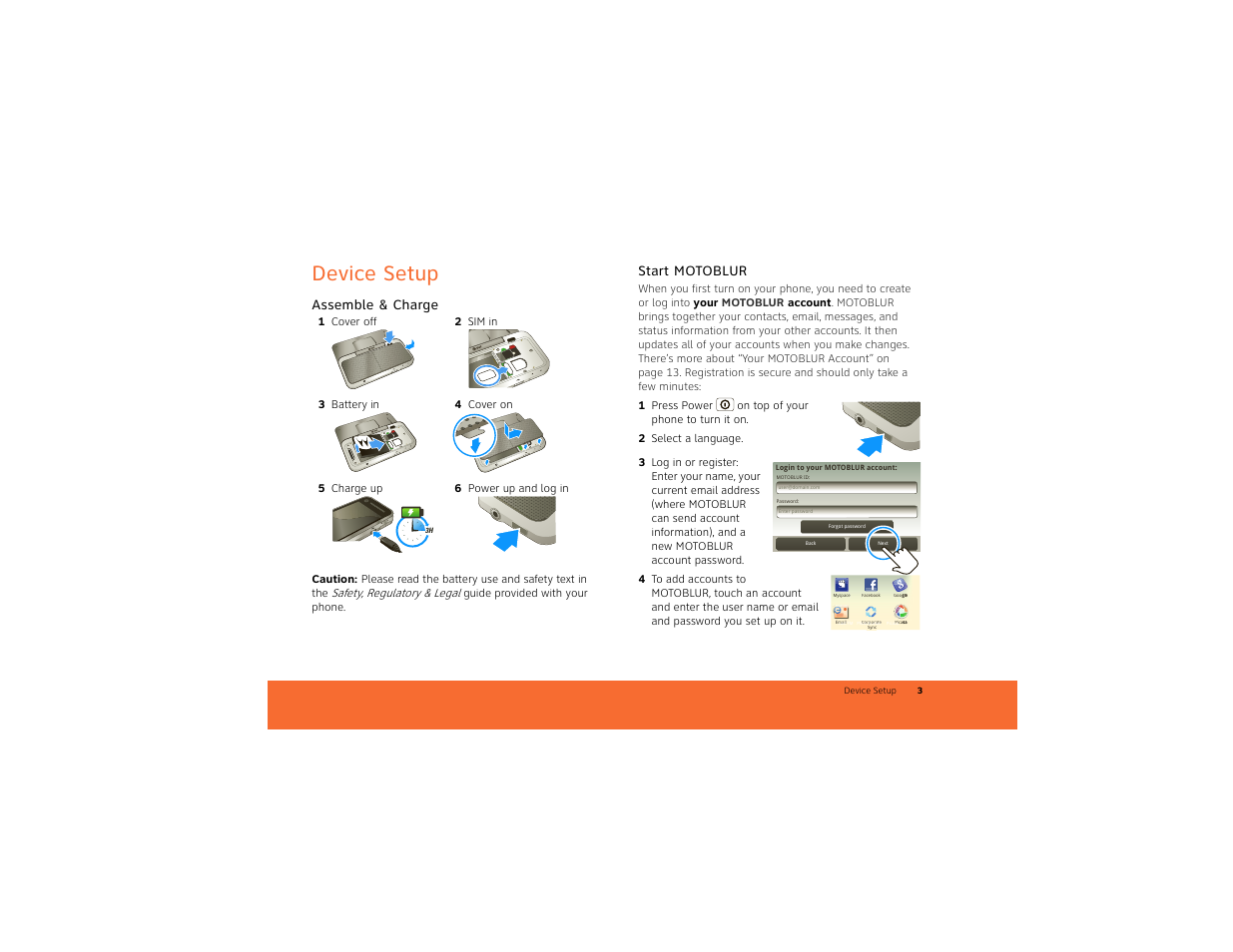 Device setup, Assemble & charge, Start motoblur | Safety, regulatory & legal | Motorola BACKFLIP 68014710001-A User Manual | Page 5 / 67