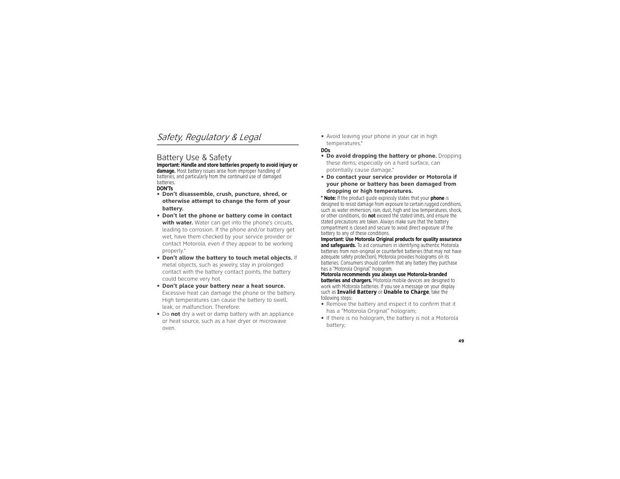 Safety, regulatory & legal, Battery use & safety | Motorola BACKFLIP 68014710001-A User Manual | Page 51 / 67