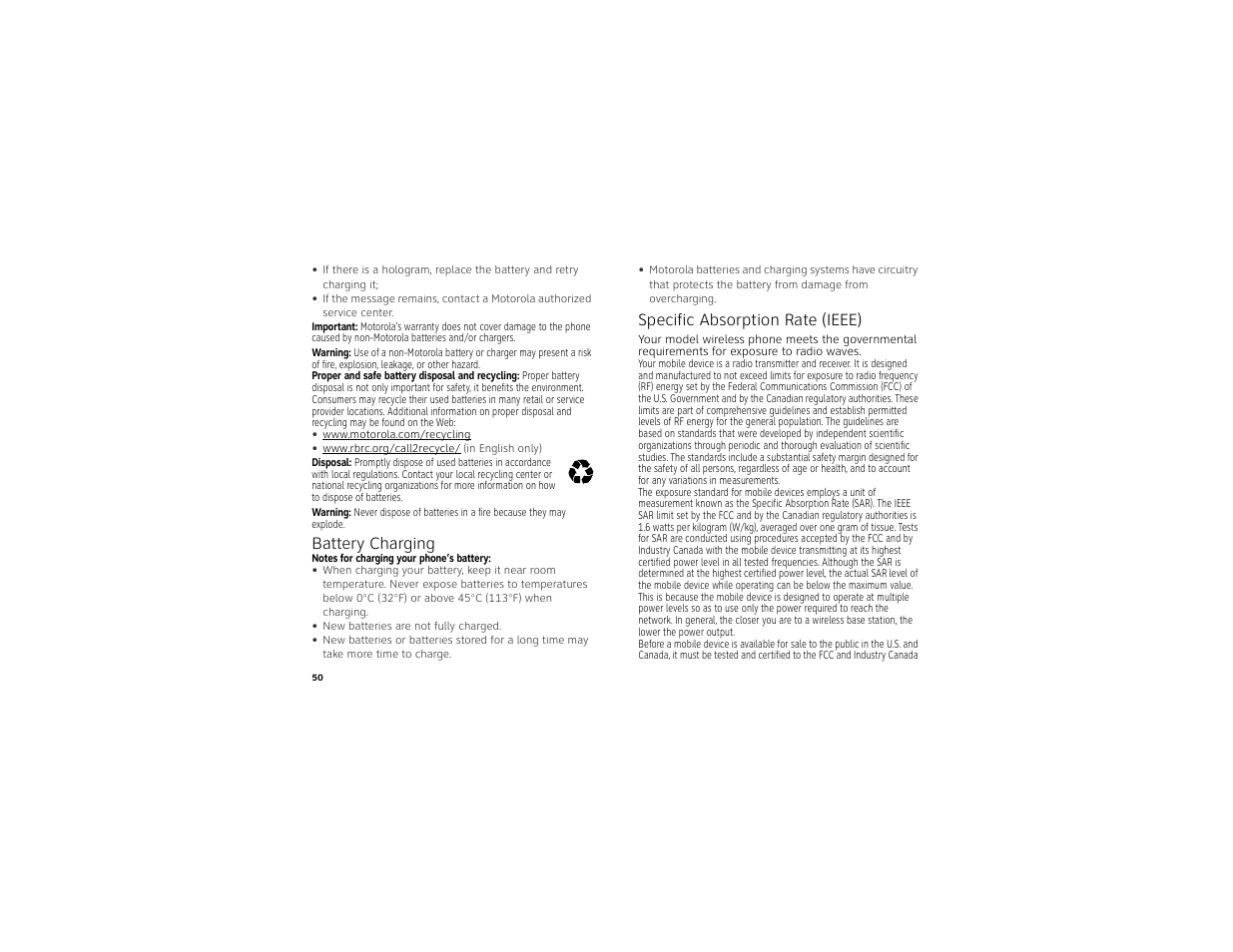 Battery charging, Sar (ieee), Specific absorption rate (ieee) | Motorola BACKFLIP 68014710001-A User Manual | Page 52 / 67