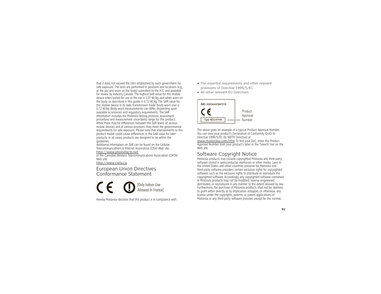 Eu conformance, Software copyright notice, European union directives conformance statement | Motorola BACKFLIP 68014710001-A User Manual | Page 53 / 67