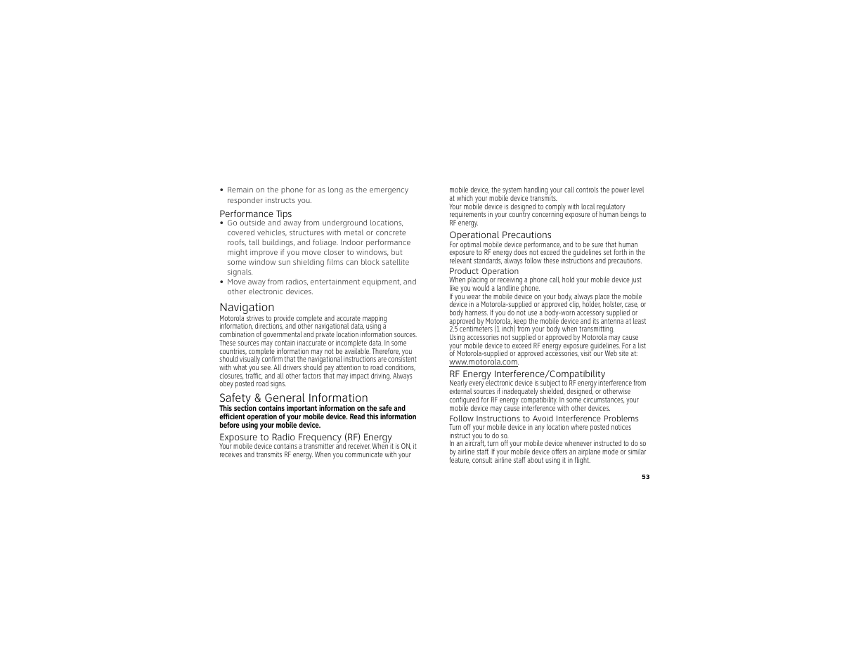 Navigation, Safety information, Safety & general information | Motorola BACKFLIP 68014710001-A User Manual | Page 55 / 67
