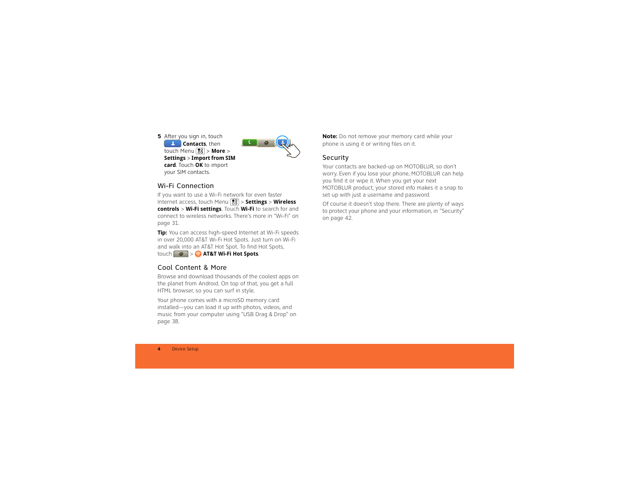Wi-fi connection, Cool content & more, Security | Motorola BACKFLIP 68014710001-A User Manual | Page 6 / 67