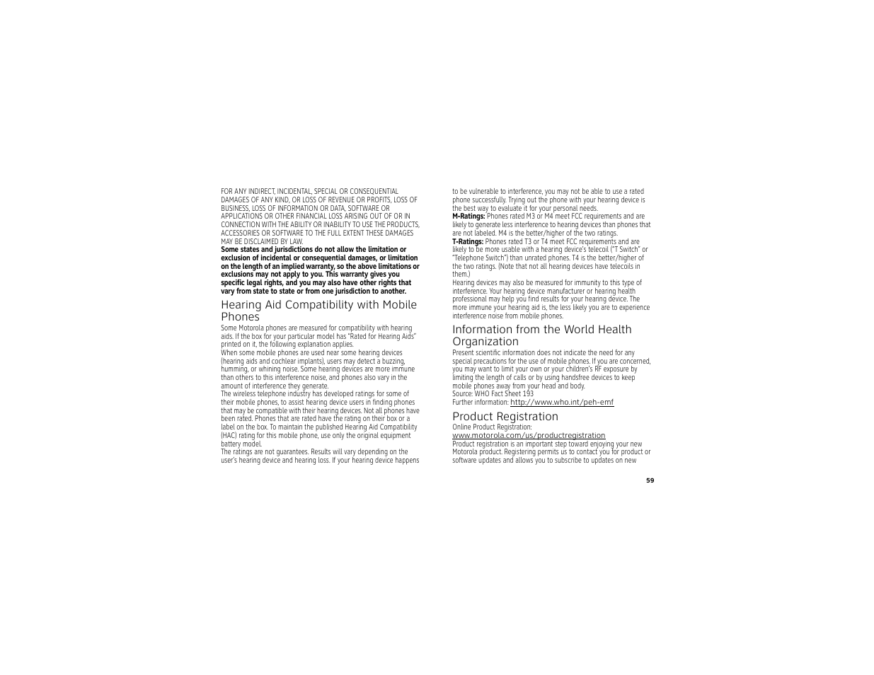 Hearing aid compatibility, Who information, Registration | Hearing aid compatibility with mobile phones, Information from the world health organization, Product registration | Motorola BACKFLIP 68014710001-A User Manual | Page 61 / 67