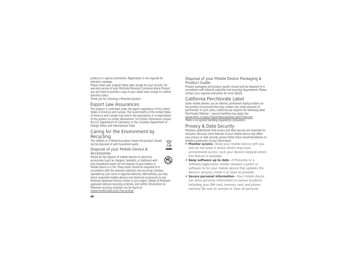 Export law, Recycling information, Perchlorate label | Privacy & data security, Export law assurances, Caring for the environment by recycling, California perchlorate label | Motorola BACKFLIP 68014710001-A User Manual | Page 62 / 67