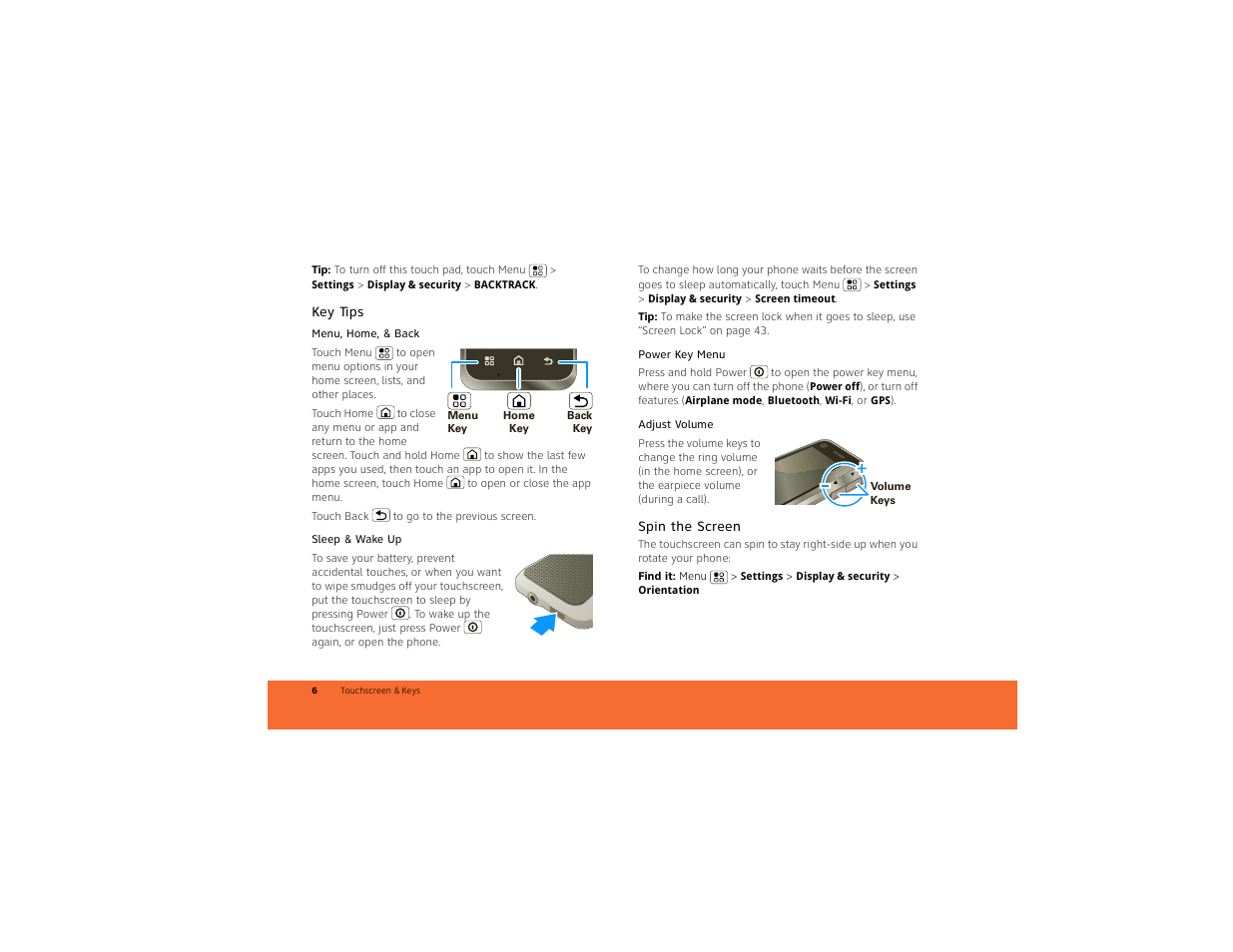 Key tips, Spin the screen | Motorola BACKFLIP 68014710001-A User Manual | Page 8 / 67