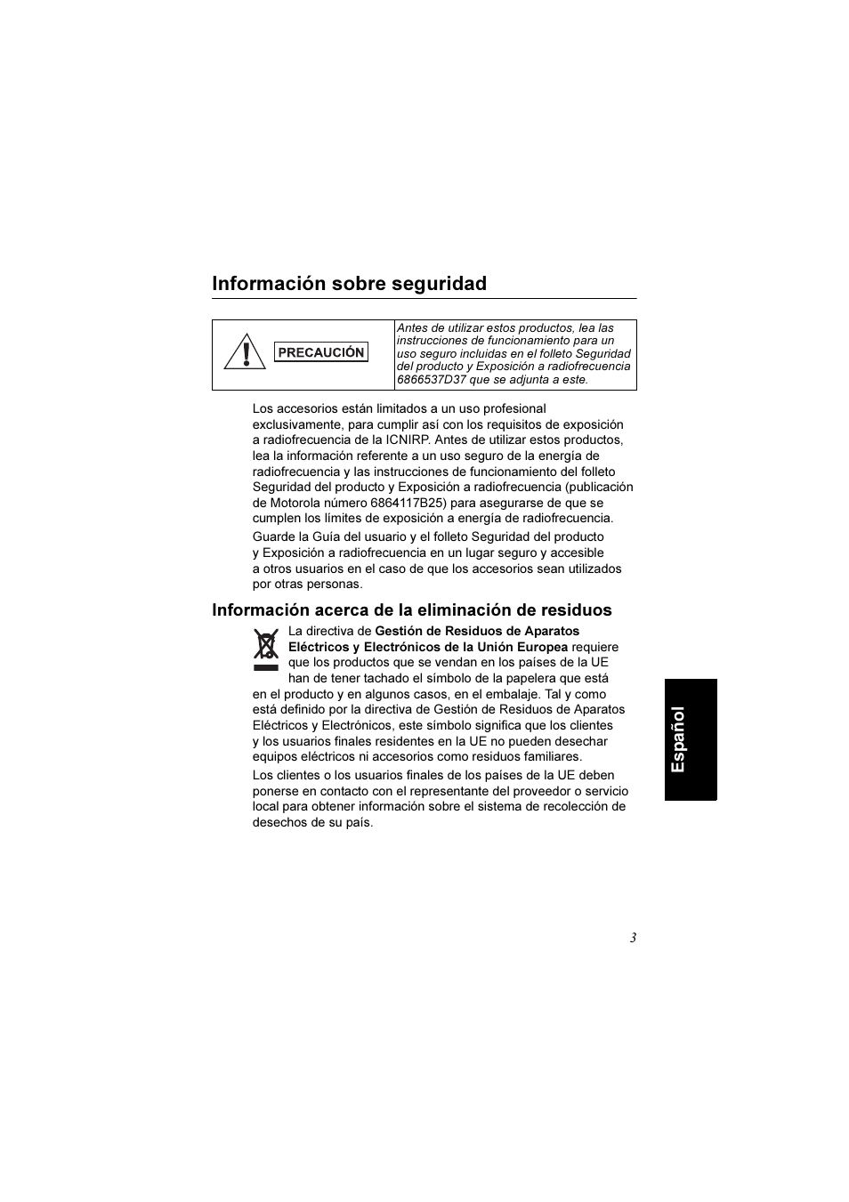 Información sobre seguridad, Información acerca de la eliminación de residuos | Motorola TETRA MTM800 User Manual | Page 103 / 168