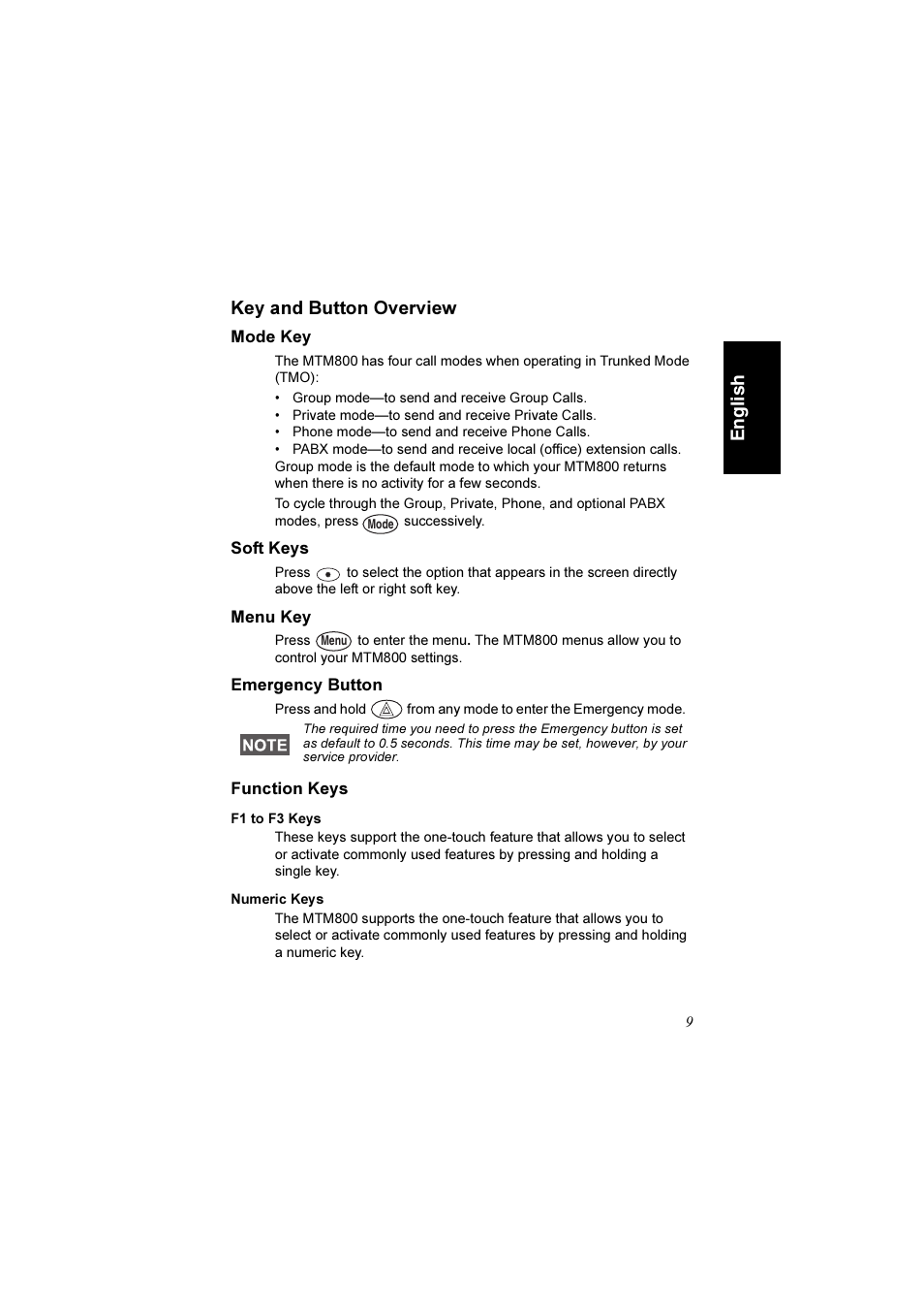 Key and button overview, Mode key, Soft keys | Menu key, Emergency button, Function keys, F1 to f3 keys, Numeric keys, En g li s h key and button overview | Motorola TETRA MTM800 User Manual | Page 11 / 168