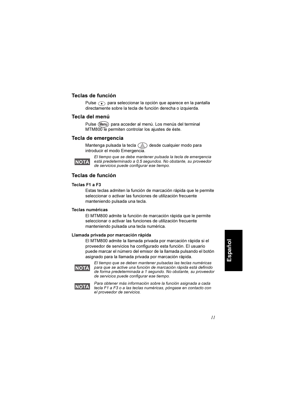 Teclas de función, Tecla del menú, Tecla de emergencia | Teclas f1 a f3, Teclas numéricas, Llamada privada por marcación rápida, Español | Motorola TETRA MTM800 User Manual | Page 111 / 168