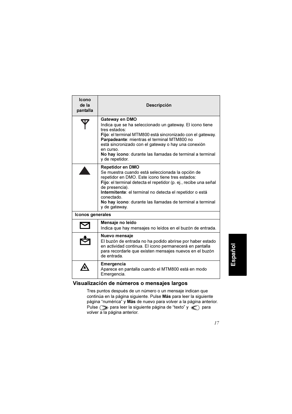 Visualización de números o mensajes largos, Español | Motorola TETRA MTM800 User Manual | Page 117 / 168