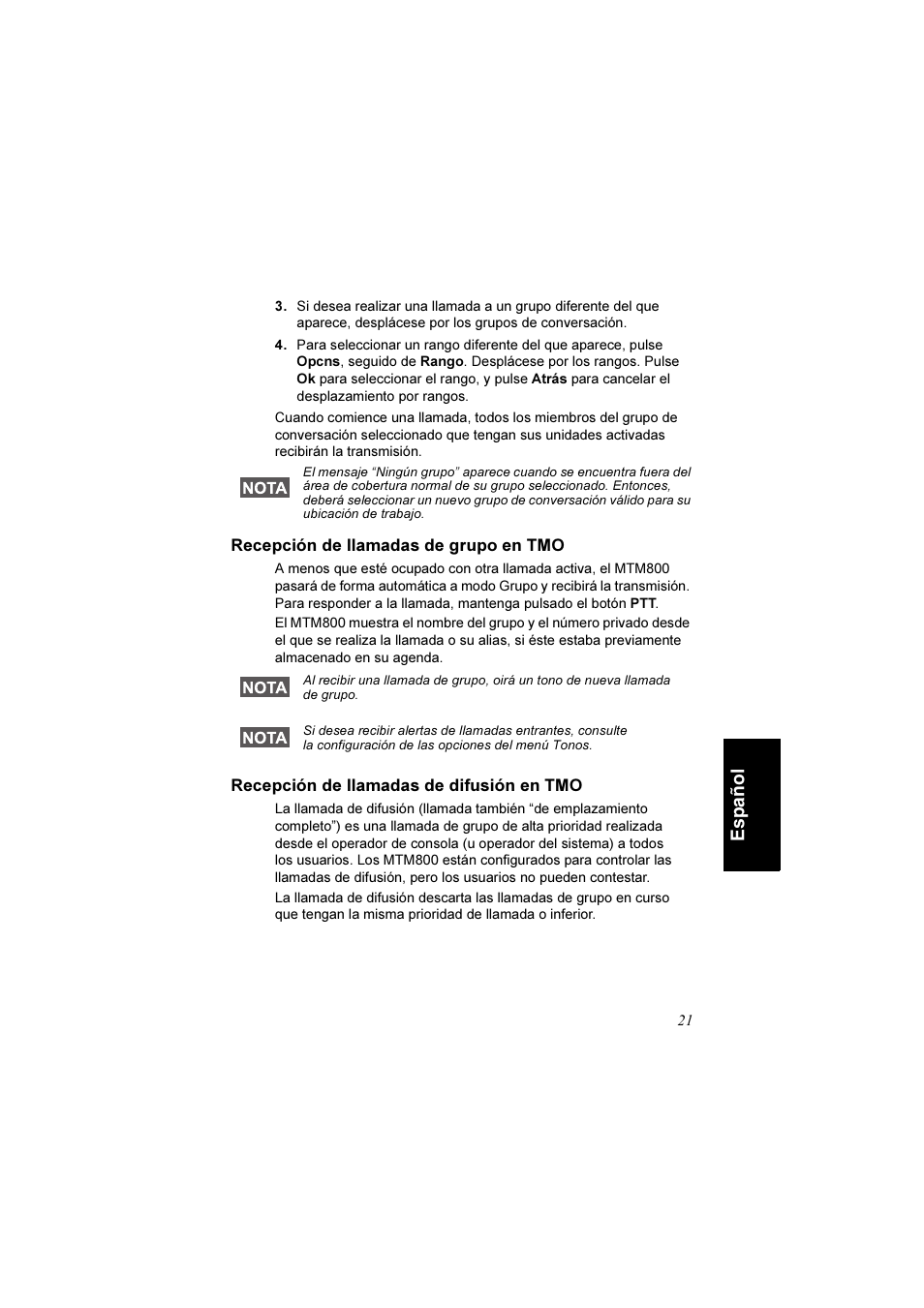 Recepción de llamadas de grupo en tmo, Recepción de llamadas de difusión en tmo, Español | Motorola TETRA MTM800 User Manual | Page 121 / 168