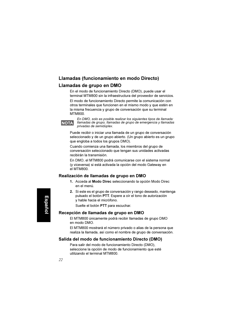 Llamadas (funcionamiento en modo directo), Llamadas de grupo en dmo, Realización de llamadas de grupo en dmo | Recepción de llamadas de grupo en dmo, Salida del modo de funcionamiento directo (dmo) | Motorola TETRA MTM800 User Manual | Page 122 / 168