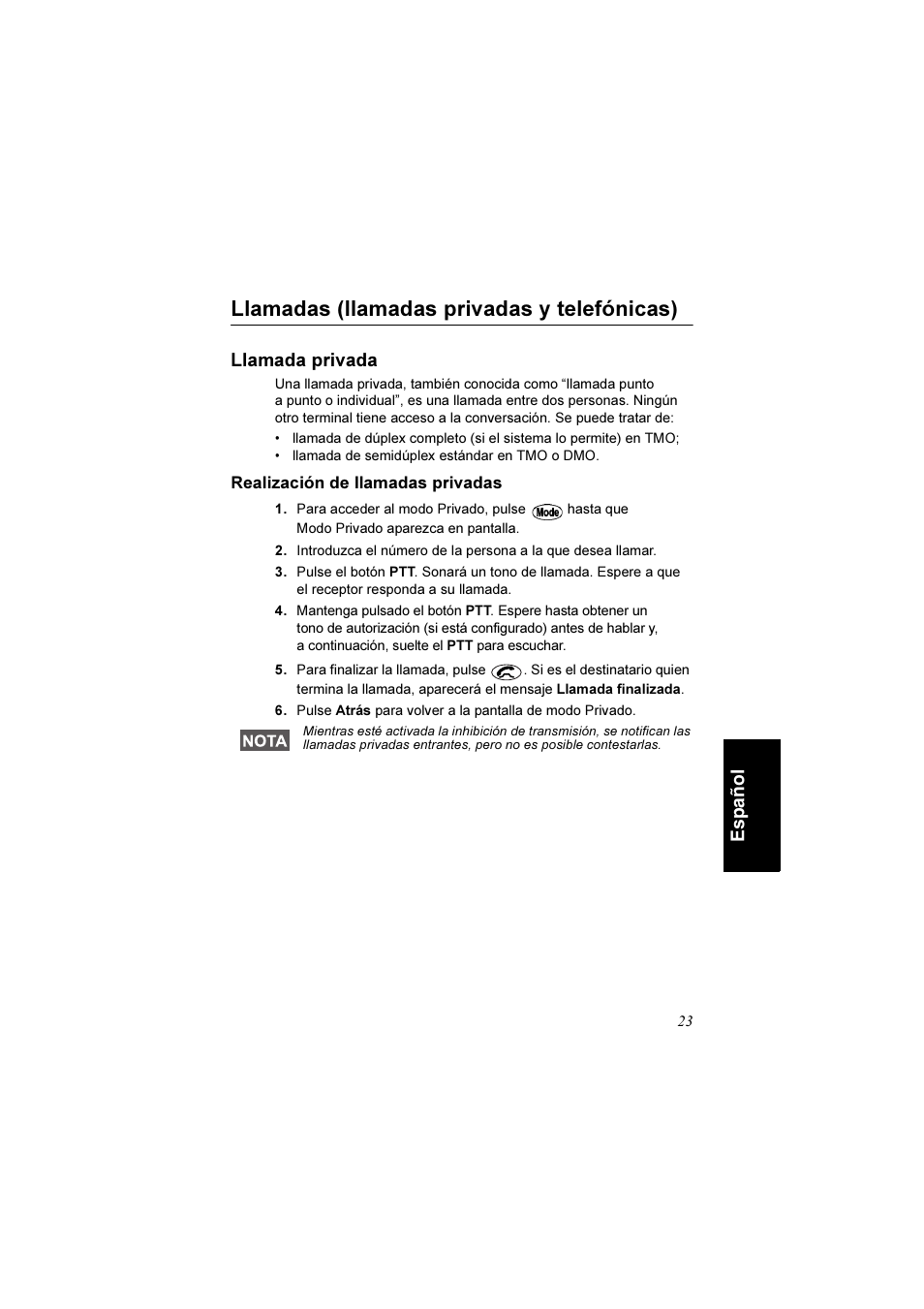 Llamadas (llamadas privadas y telefónicas), Llamada privada, Realización de llamadas privadas | Español | Motorola TETRA MTM800 User Manual | Page 123 / 168