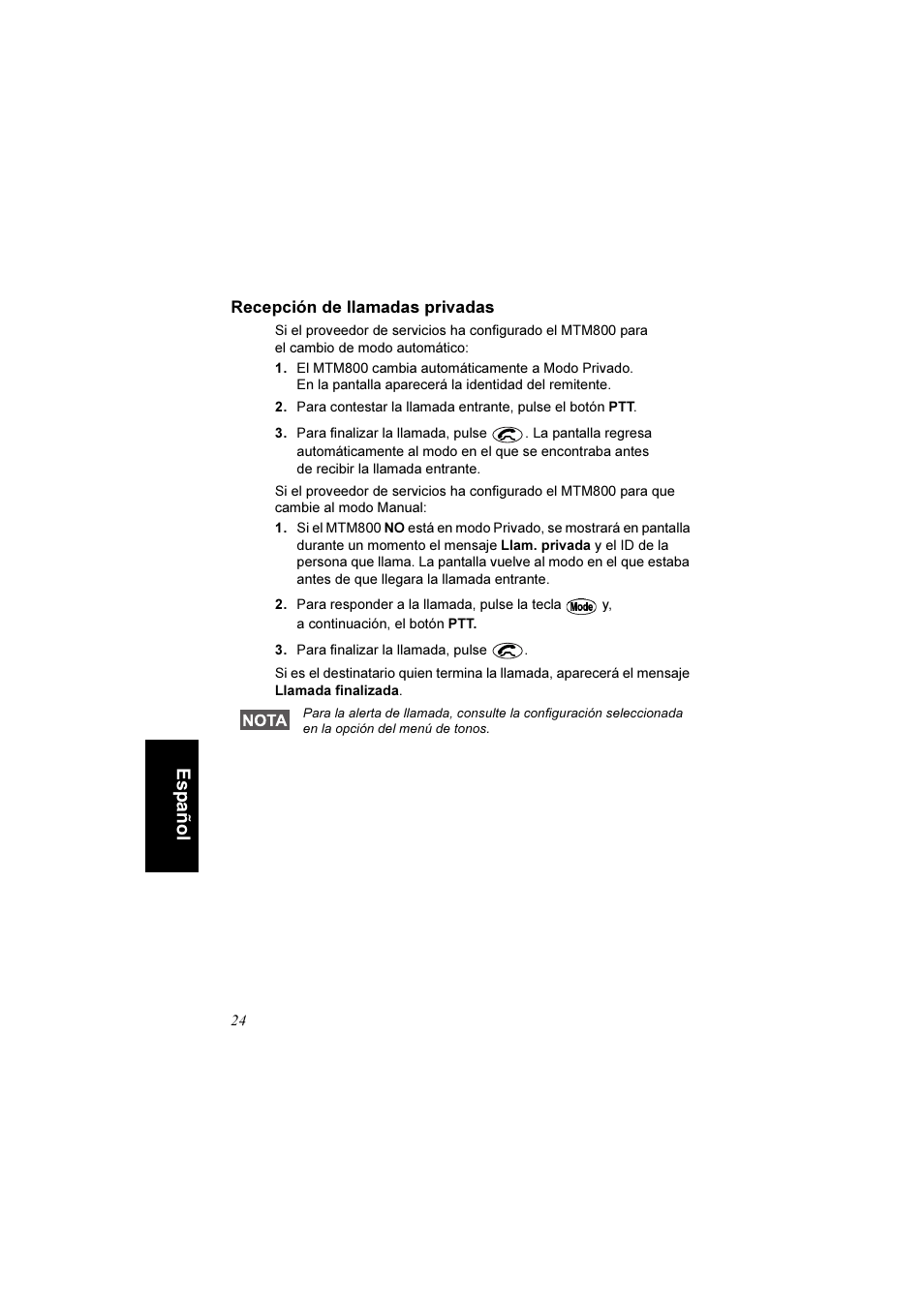 Recepción de llamadas privadas, Español | Motorola TETRA MTM800 User Manual | Page 124 / 168