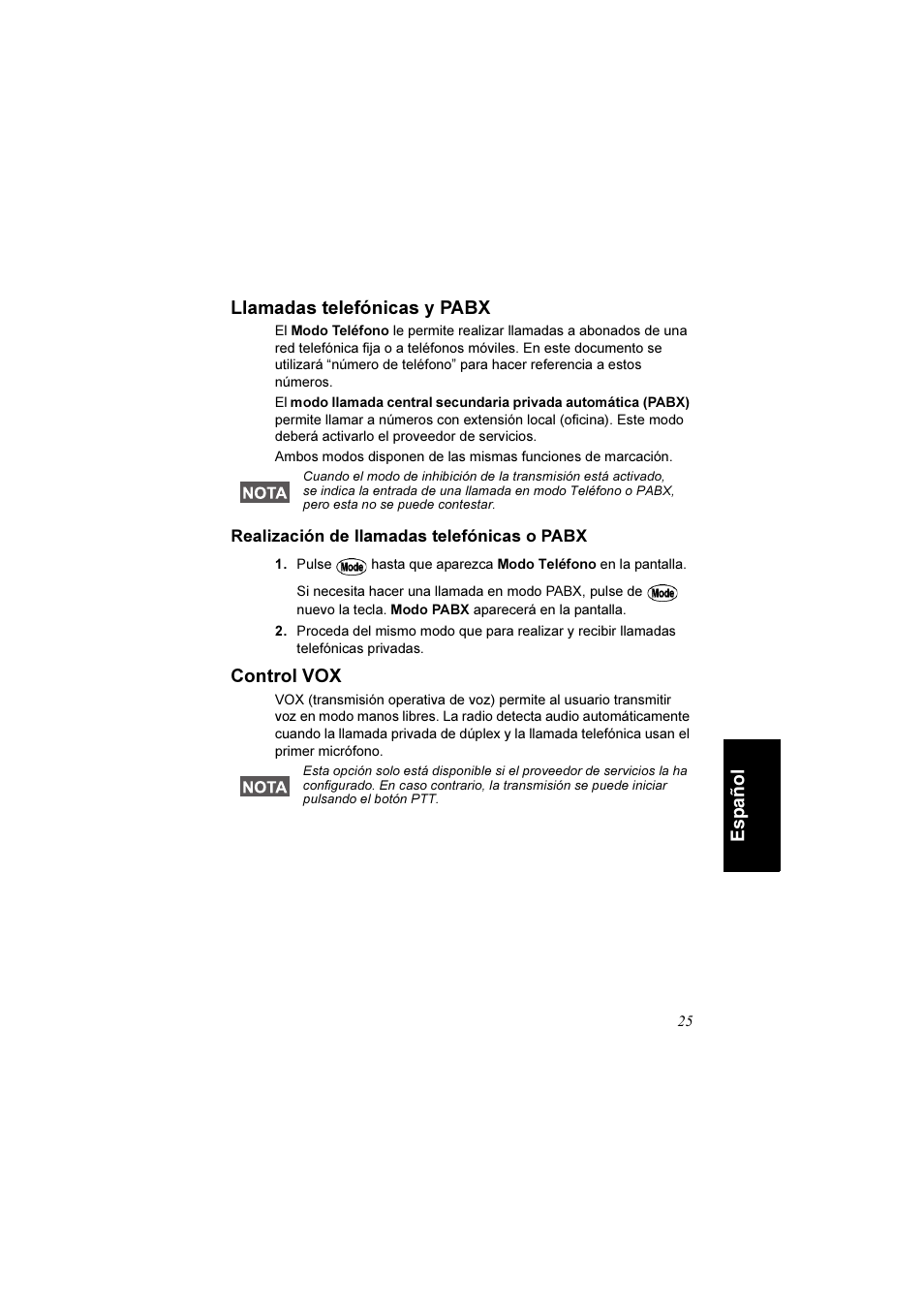 Llamadas telefónicas y pabx, Realización de llamadas telefónicas o pabx, Control vox | Español llamadas telefónicas y pabx | Motorola TETRA MTM800 User Manual | Page 125 / 168