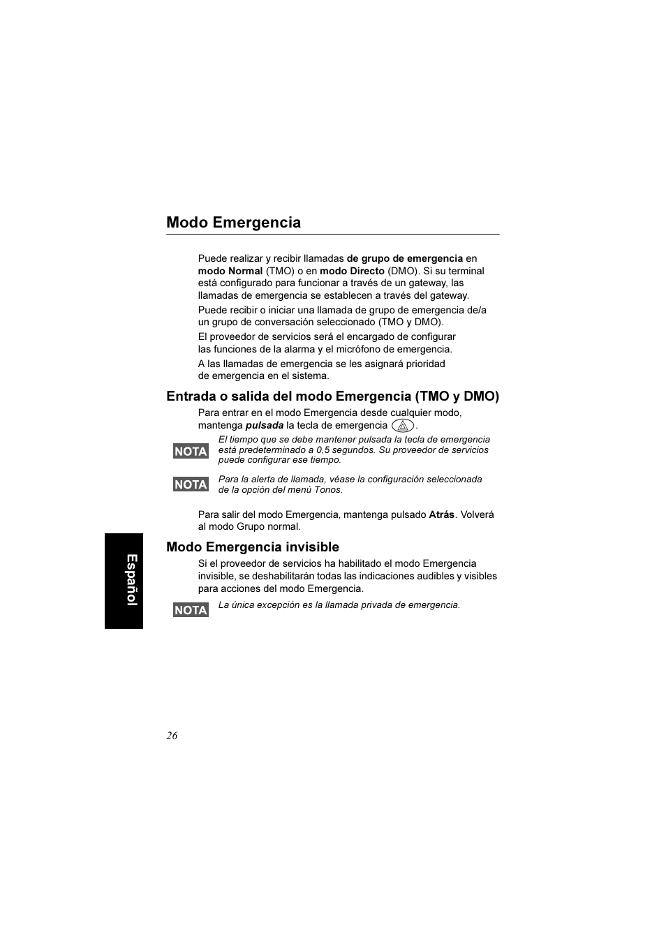 Modo emergencia, Entrada o salida del modo emergencia (tmo y dmo), Modo emergencia invisible | Español | Motorola TETRA MTM800 User Manual | Page 126 / 168