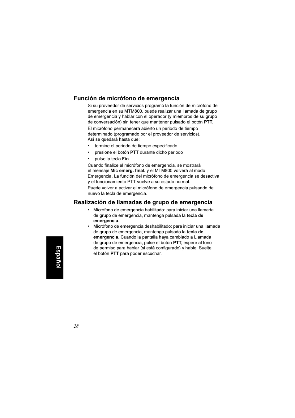 Función de micrófono de emergencia, Realización de llamadas de grupo de emergencia, Español función de micrófono de emergencia | Motorola TETRA MTM800 User Manual | Page 128 / 168