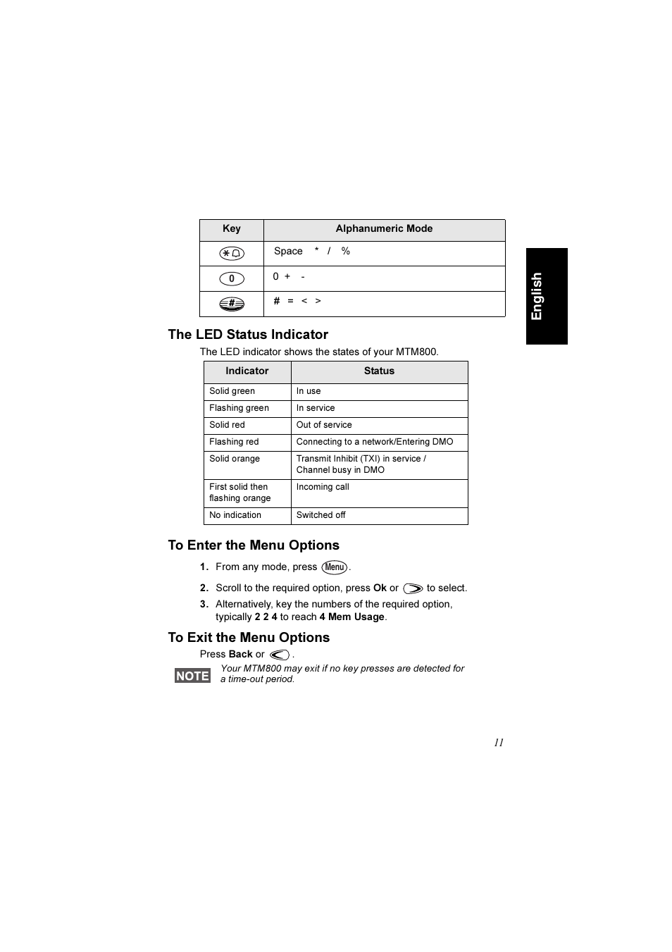 The led status indicator, To enter the menu options, To exit the menu options | En g li s h the led status indicator | Motorola TETRA MTM800 User Manual | Page 13 / 168