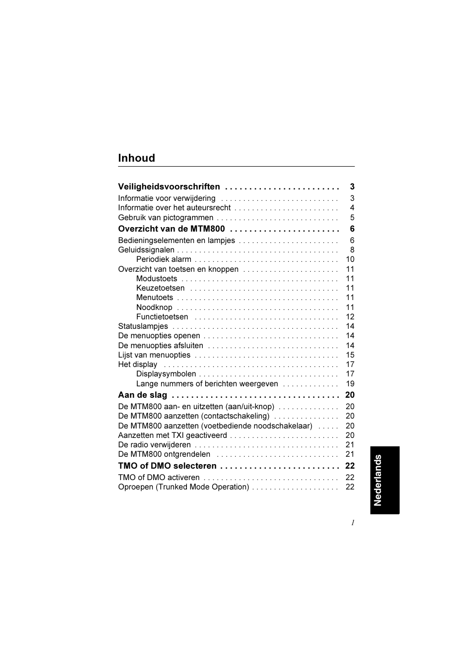 Nederlands, Inhoud | Motorola TETRA MTM800 User Manual | Page 133 / 168