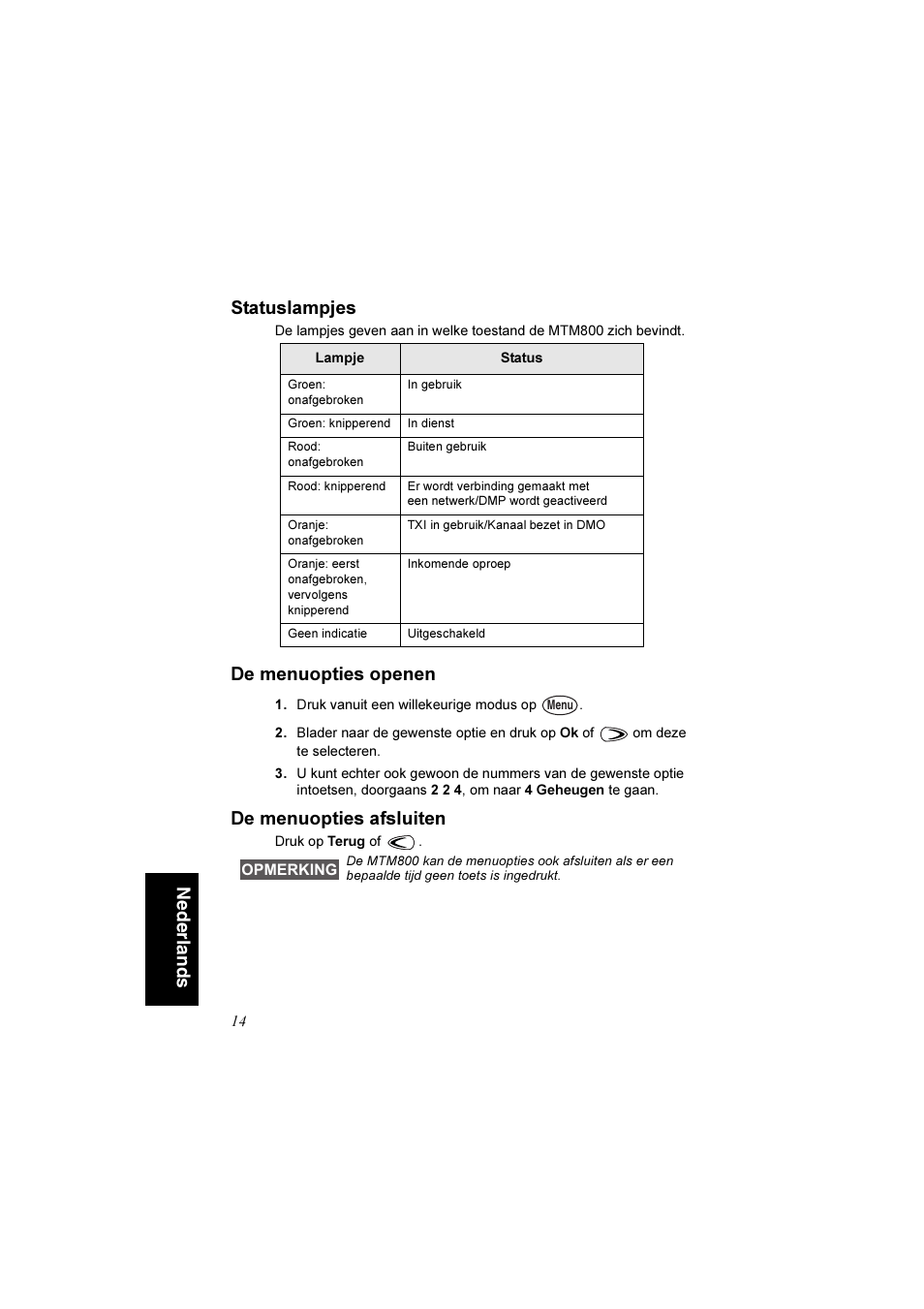 Statuslampjes, De menuopties openen, De menuopties afsluiten | Nederlands statuslampjes | Motorola TETRA MTM800 User Manual | Page 146 / 168