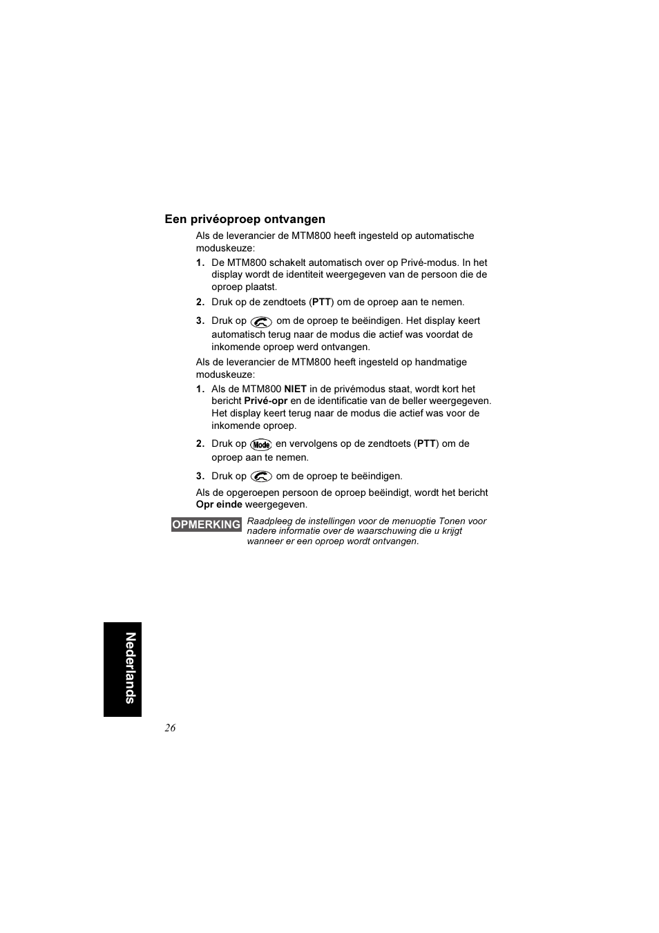 Een privéoproep ontvangen, Nederlands | Motorola TETRA MTM800 User Manual | Page 158 / 168