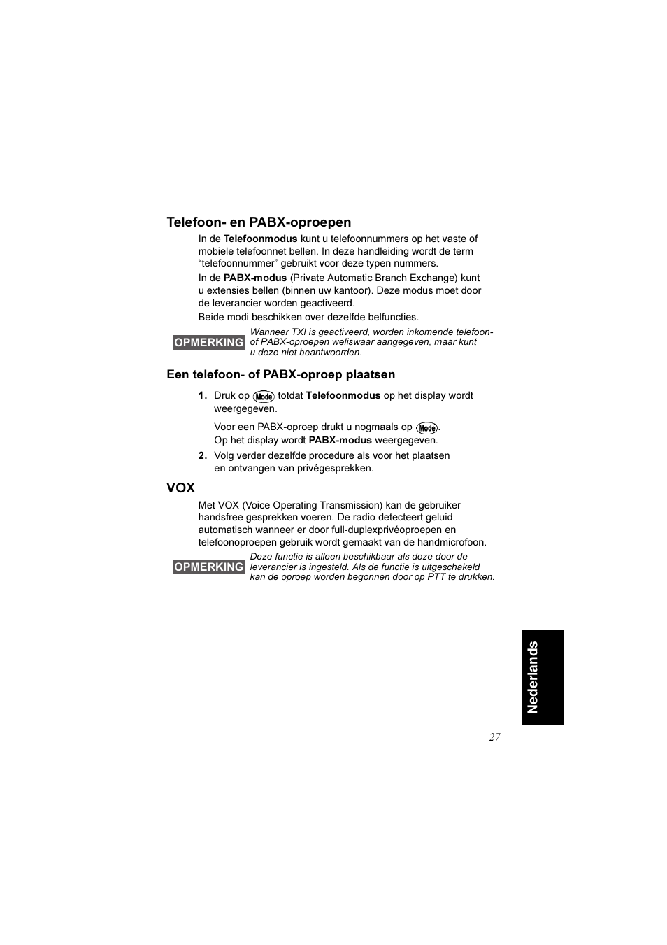 Telefoon- en pabx-oproepen, Een telefoon- of pabx-oproep plaatsen, Nederl ands telefoon- en pabx-oproepen | Motorola TETRA MTM800 User Manual | Page 159 / 168