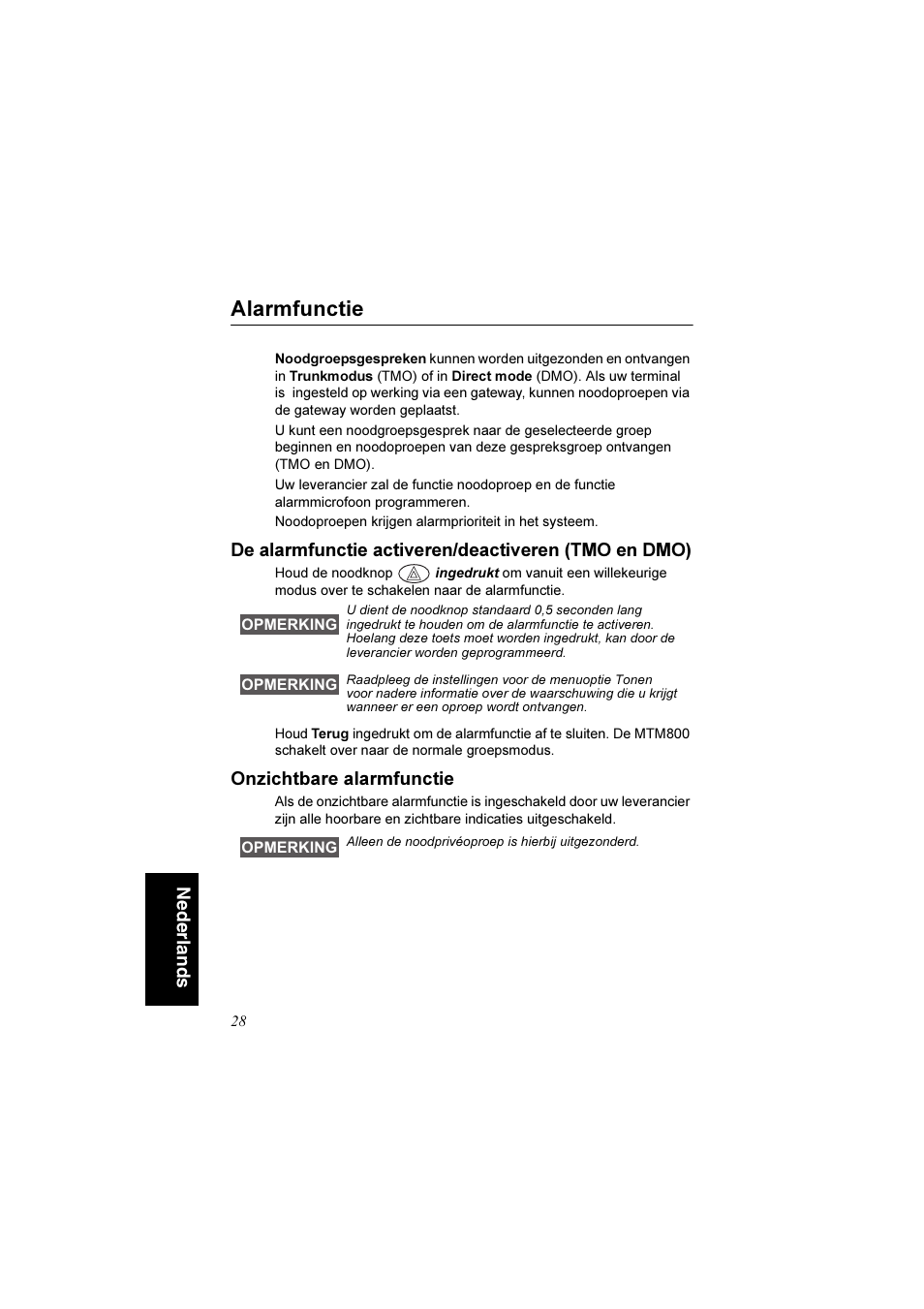 Alarmfunctie, De alarmfunctie activeren/deactiveren (tmo en dmo), Onzichtbare alarmfunctie | Nederlands | Motorola TETRA MTM800 User Manual | Page 160 / 168