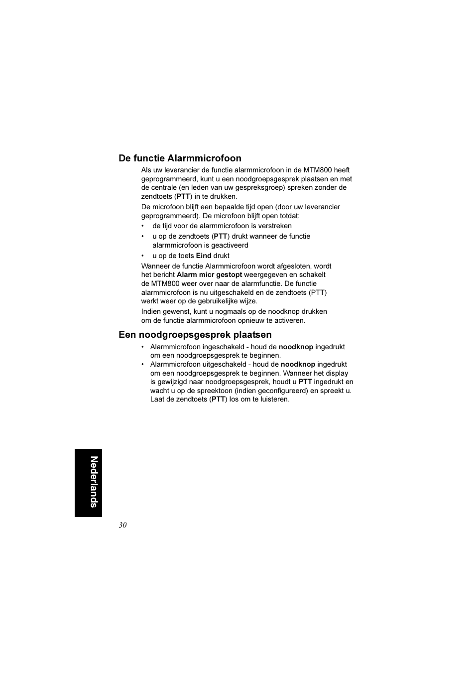 De functie alarmmicrofoon, Een noodgroepsgesprek plaatsen, Nederlands de functie alarmmicrofoon | Motorola TETRA MTM800 User Manual | Page 162 / 168