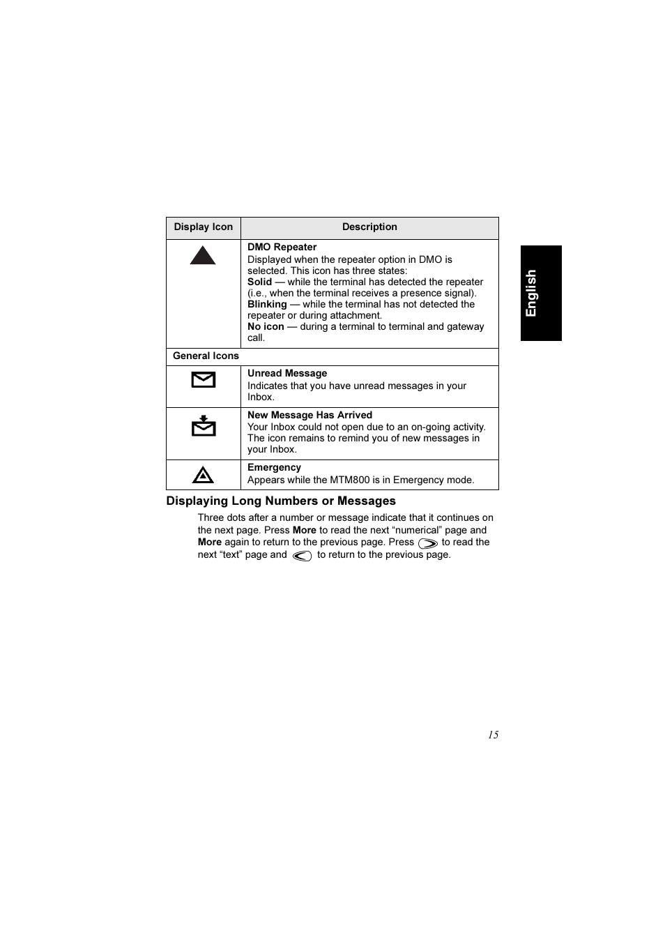 Displaying long numbers or messages | Motorola TETRA MTM800 User Manual | Page 17 / 168