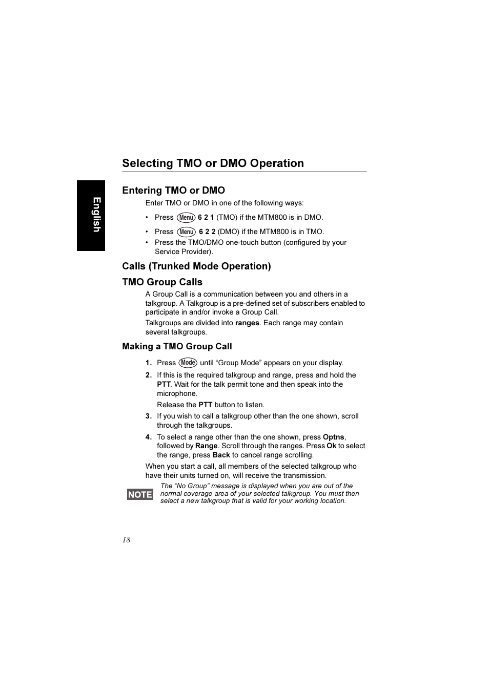 Selecting tmo or dmo operation, Entering tmo or dmo, Calls (trunked mode operation) | Tmo group calls, Making a tmo group call, Engli s h, Calls (trunked mode operation) tmo group calls | Motorola TETRA MTM800 User Manual | Page 20 / 168