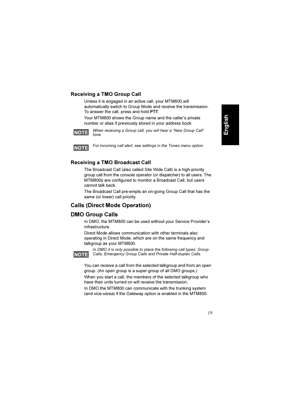 Receiving a tmo group call, Receiving a tmo broadcast call, Calls (direct mode operation) | Dmo group calls, Calls (direct mode operation) dmo group calls | Motorola TETRA MTM800 User Manual | Page 21 / 168