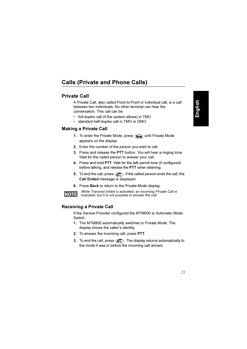 Calls (private and phone calls), Private call, Making a private call | Receiving a private call, Making a private call receiving a private call, En g li s h | Motorola TETRA MTM800 User Manual | Page 23 / 168