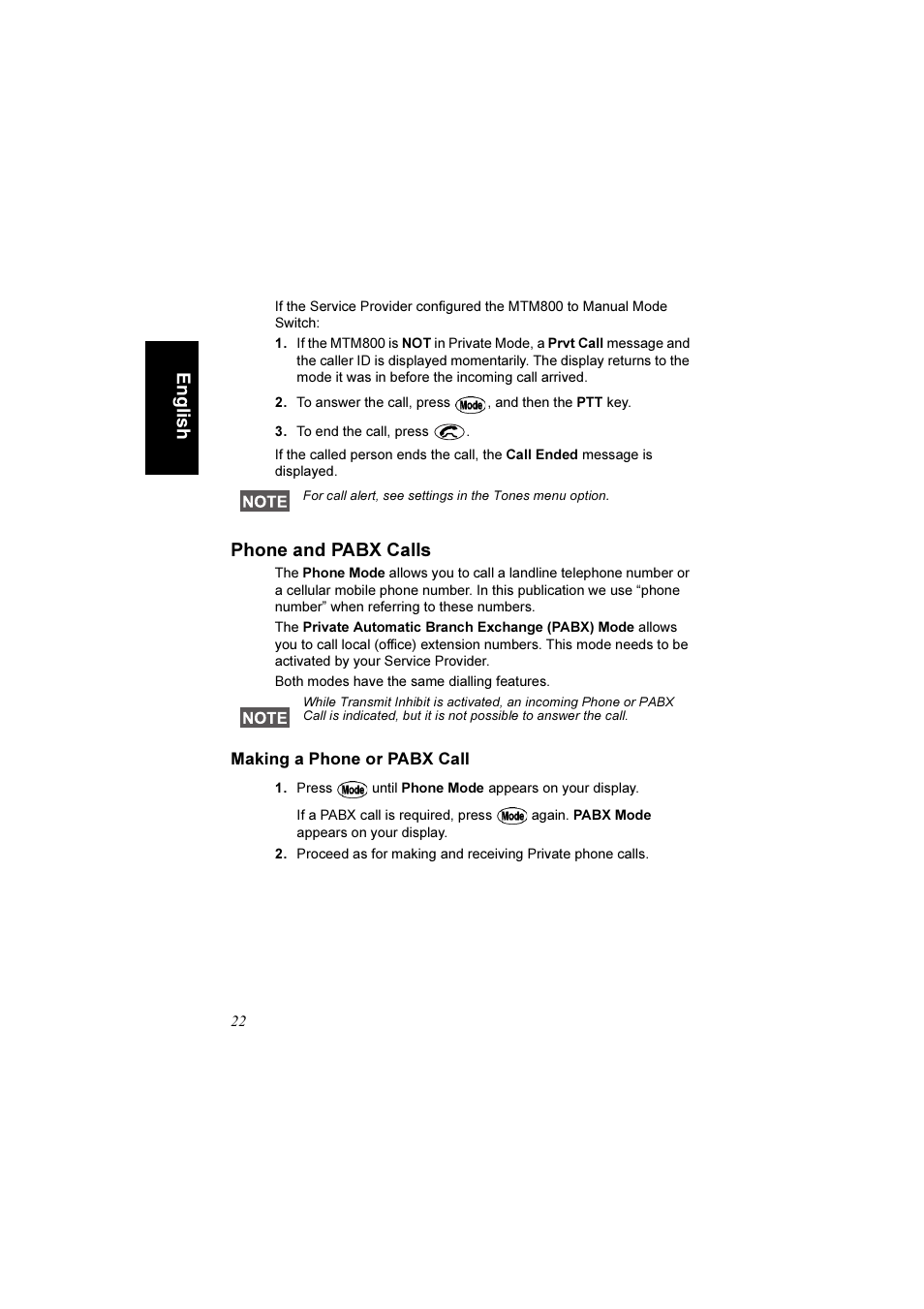 Phone and pabx calls, Making a phone or pabx call, Engli s h | Motorola TETRA MTM800 User Manual | Page 24 / 168