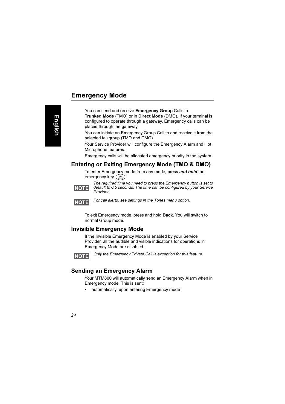 Emergency mode, Entering or exiting emergency mode (tmo & dmo), Invisible emergency mode | Sending an emergency alarm | Motorola TETRA MTM800 User Manual | Page 26 / 168