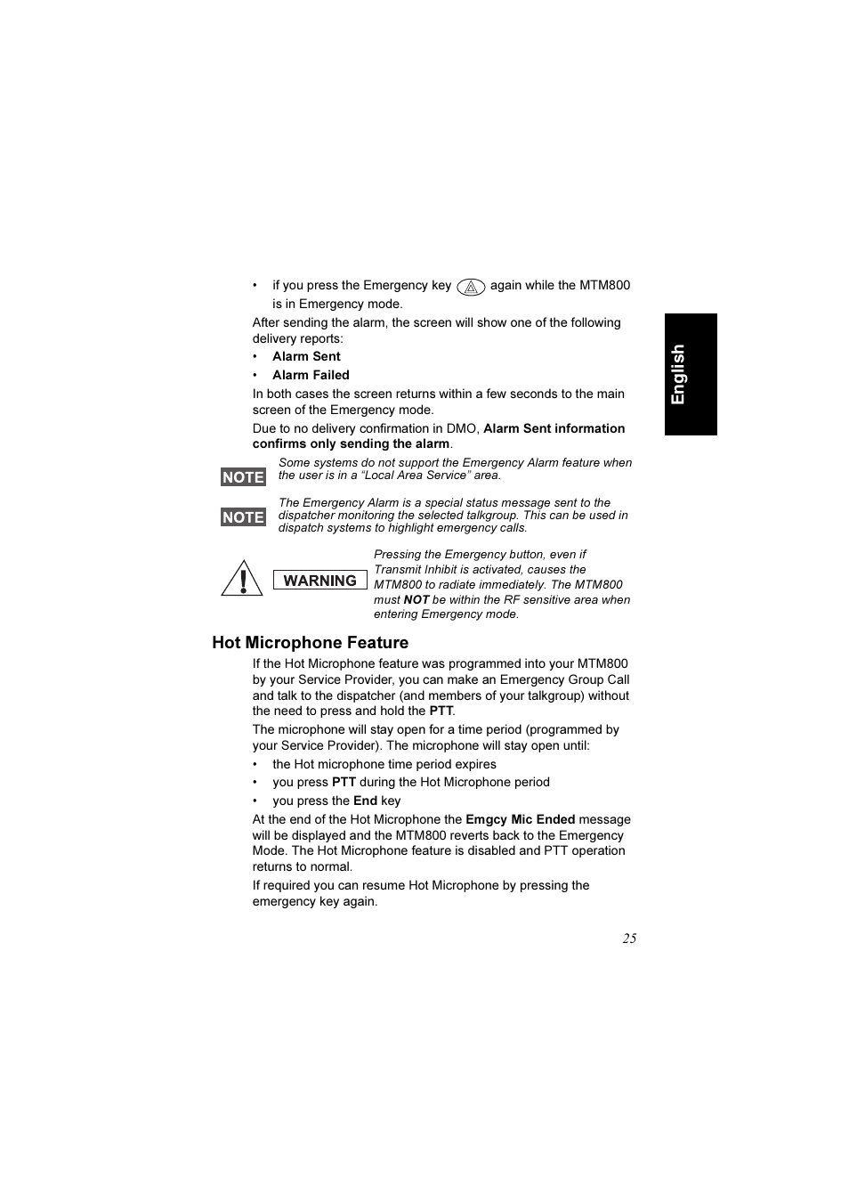 Hot microphone feature, En g li s h | Motorola TETRA MTM800 User Manual | Page 27 / 168