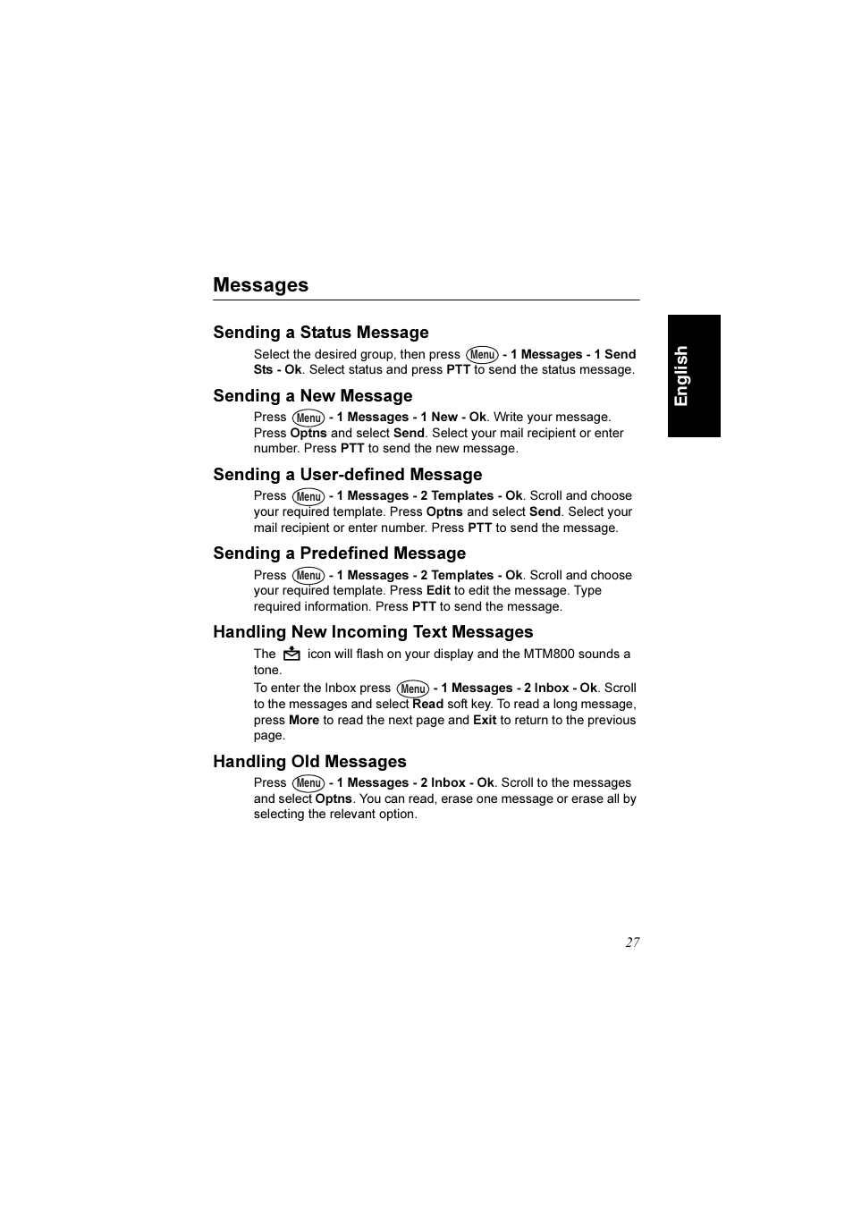 Messages, Sending a status message, Sending a new message | Sending a user-defined message, Sending a predefined message, Handling new incoming text messages, Handling old messages, En g li s h | Motorola TETRA MTM800 User Manual | Page 29 / 168