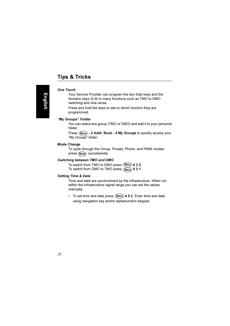 Tips & tricks, One touch, My groups” folder | Mode change, Switching between tmo and dmo, Setting time & date, Engli s h | Motorola TETRA MTM800 User Manual | Page 30 / 168