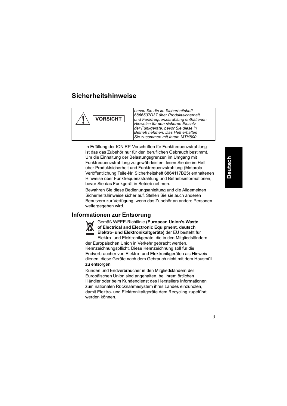 Sicherheitshinweise, Informationen zur entsorung | Motorola TETRA MTM800 User Manual | Page 35 / 168