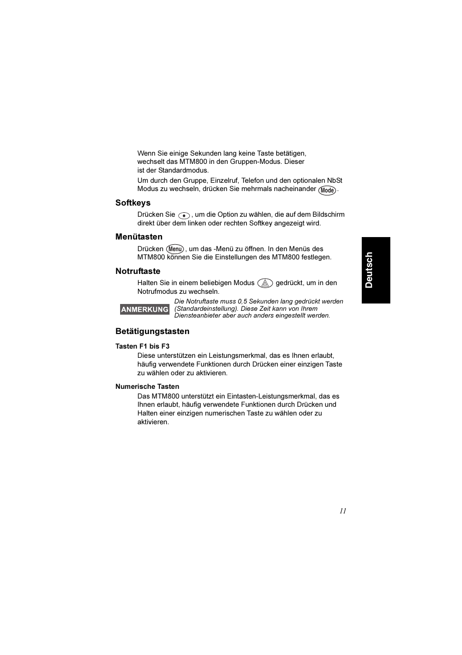 Softkeys, Menütasten, Notruftaste | Betätigungstasten, Tasten f1 bis f3, Numerische tasten, Softkeys menütasten notruftaste betätigungstasten, De uts c h | Motorola TETRA MTM800 User Manual | Page 43 / 168